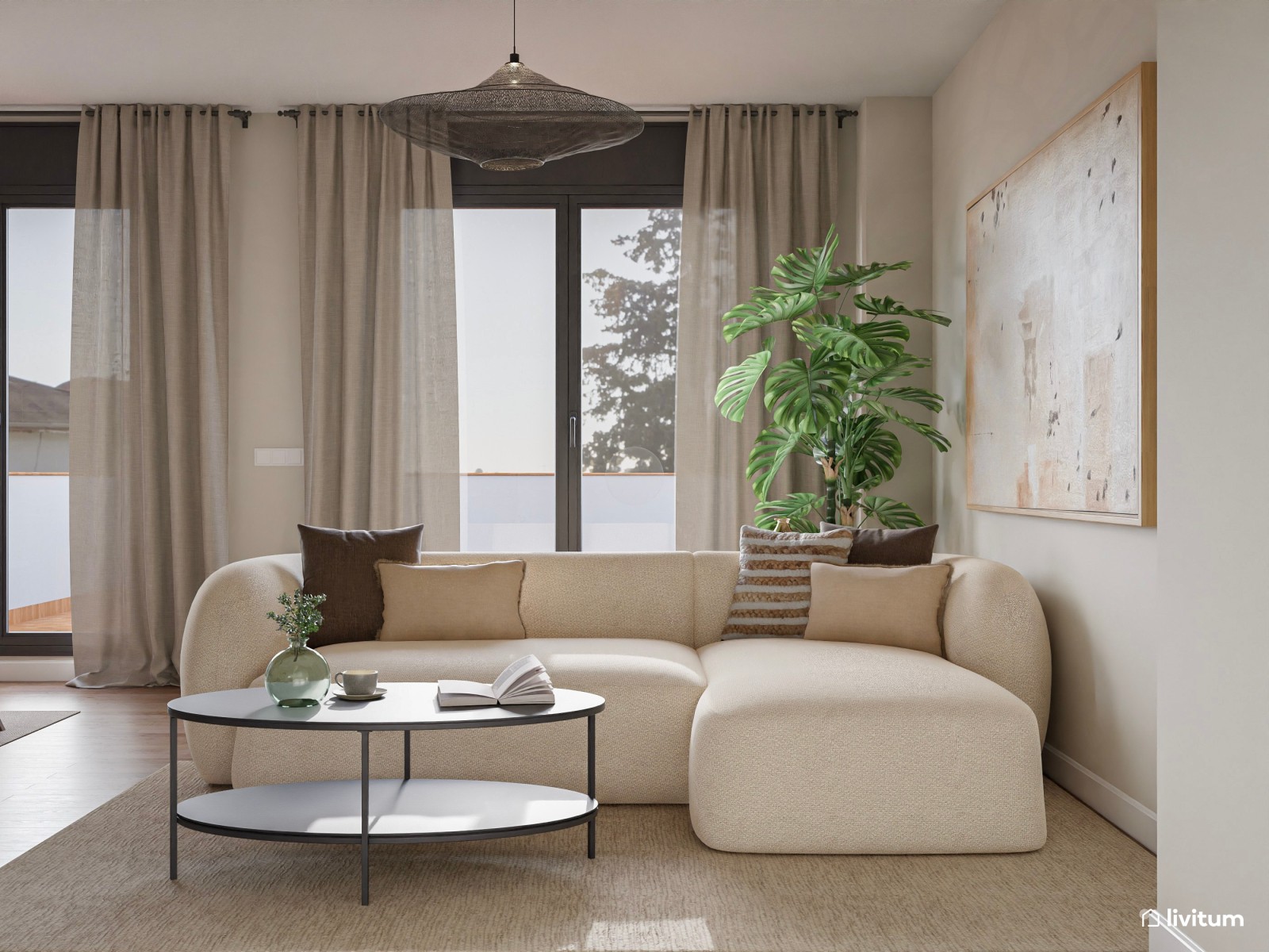 Amplio y luminoso salón comedor en blanco y madera con cocina semiabierta