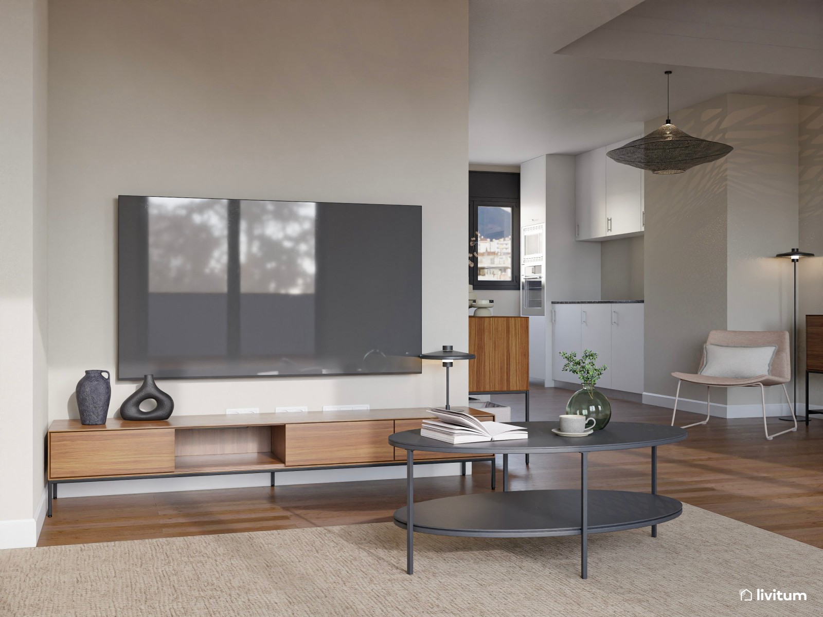 Amplio y luminoso salón comedor en blanco y madera con cocina semiabierta
