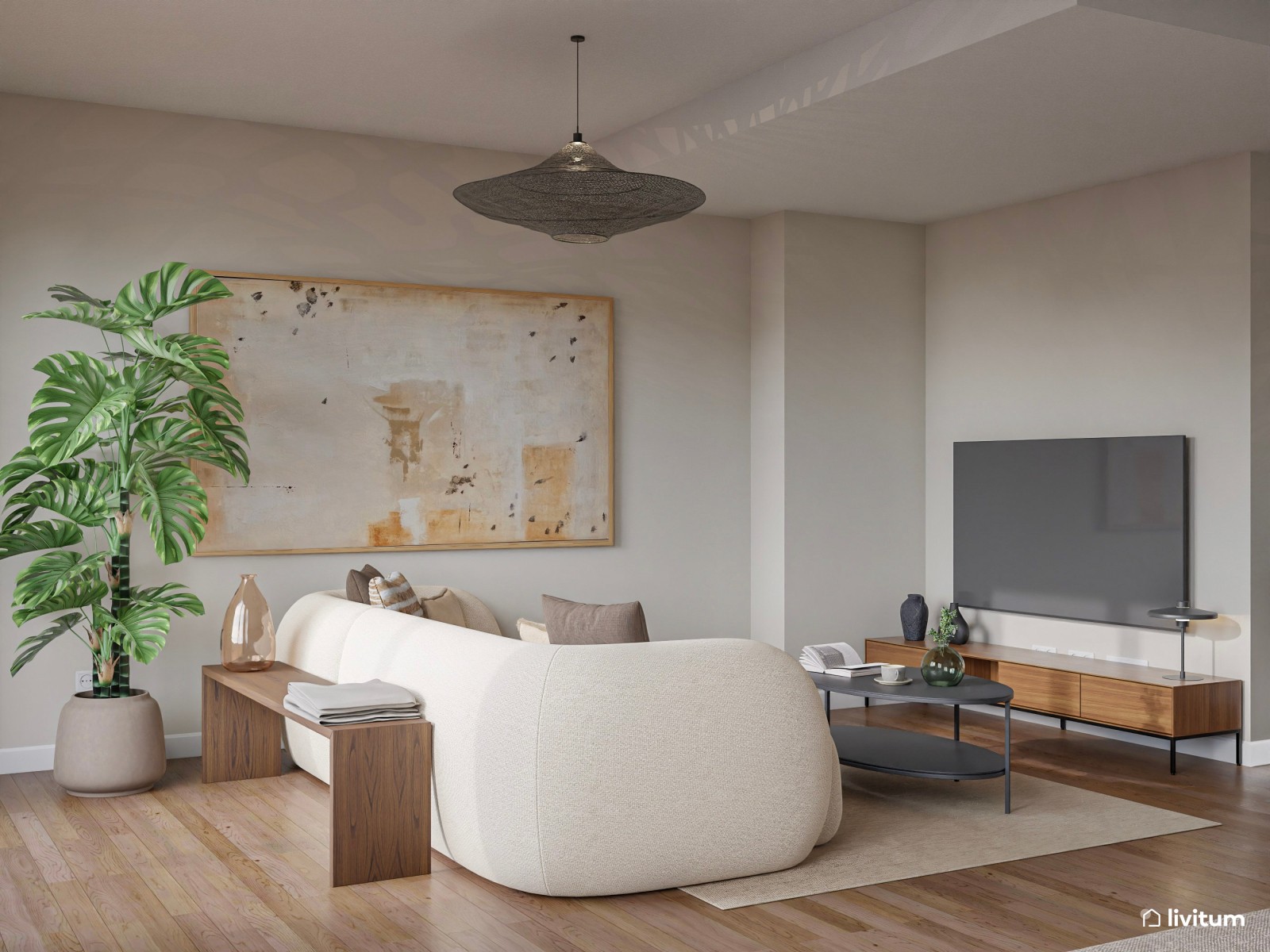 Amplio y luminoso salón comedor en blanco y madera con cocina semiabierta