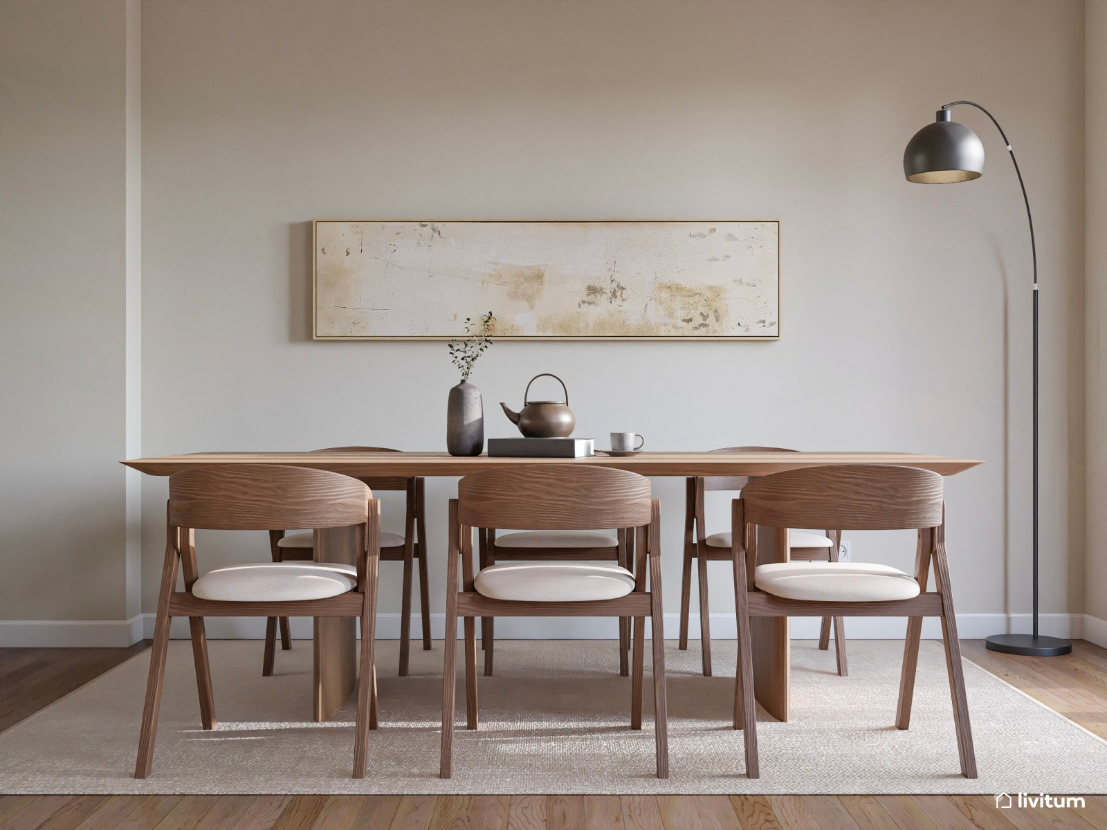 Amplio y luminoso salón comedor en blanco y madera con cocina semiabierta