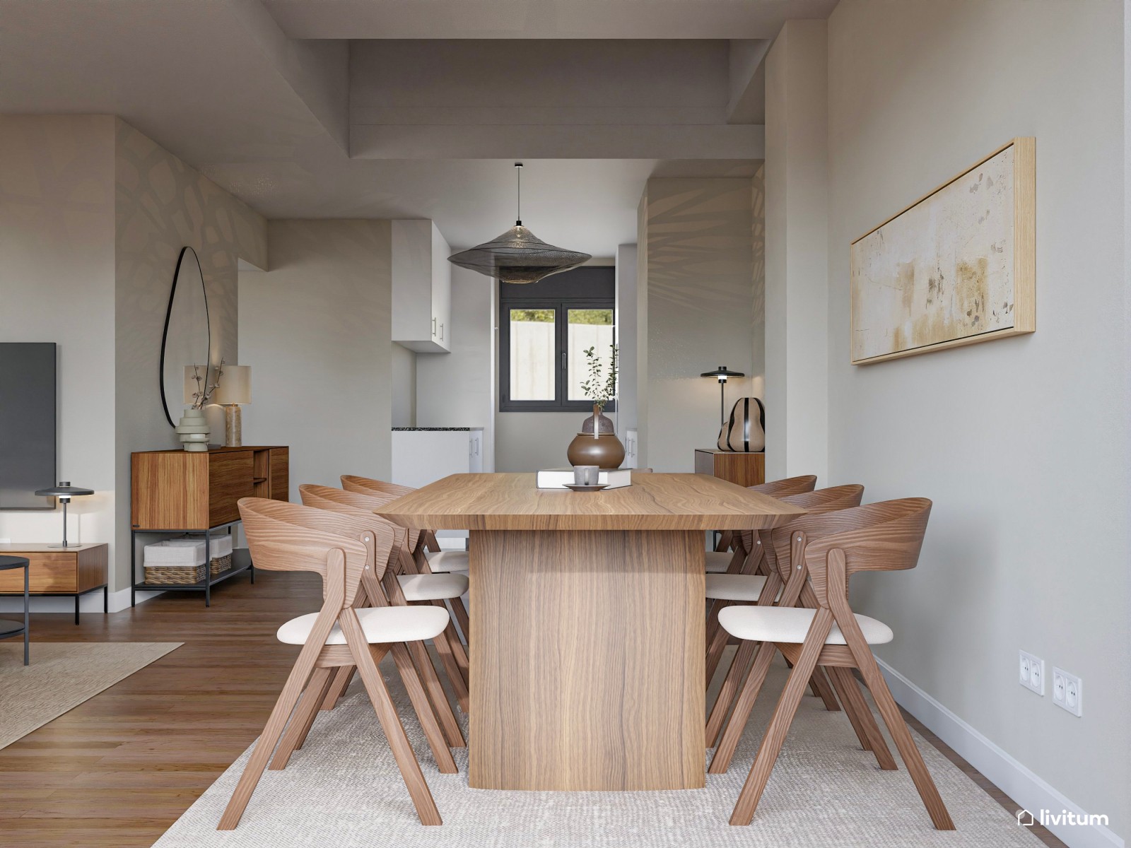 Amplio y luminoso salón comedor en blanco y madera con cocina semiabierta