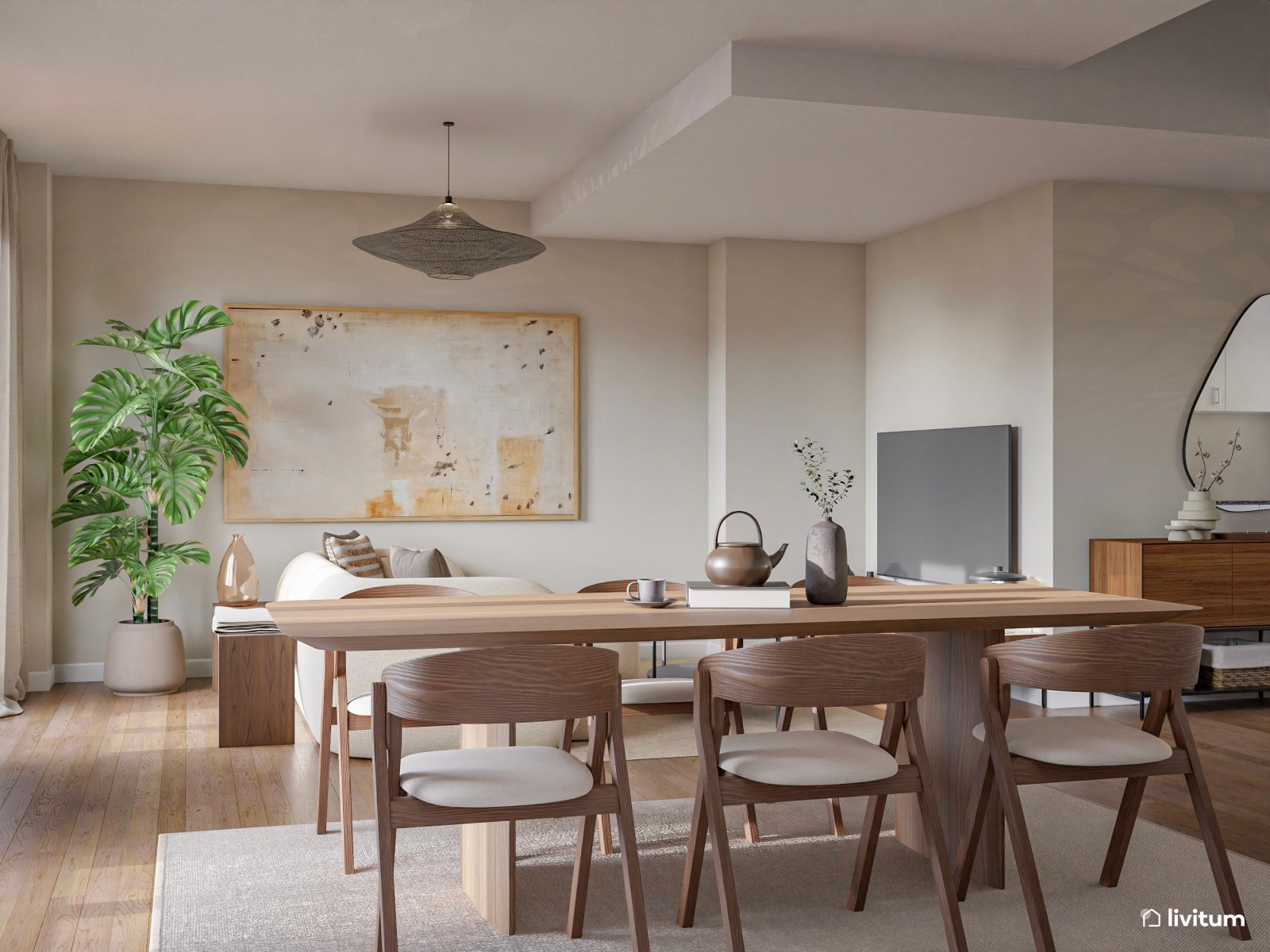 Amplio y luminoso salón comedor en blanco y madera con cocina semiabierta