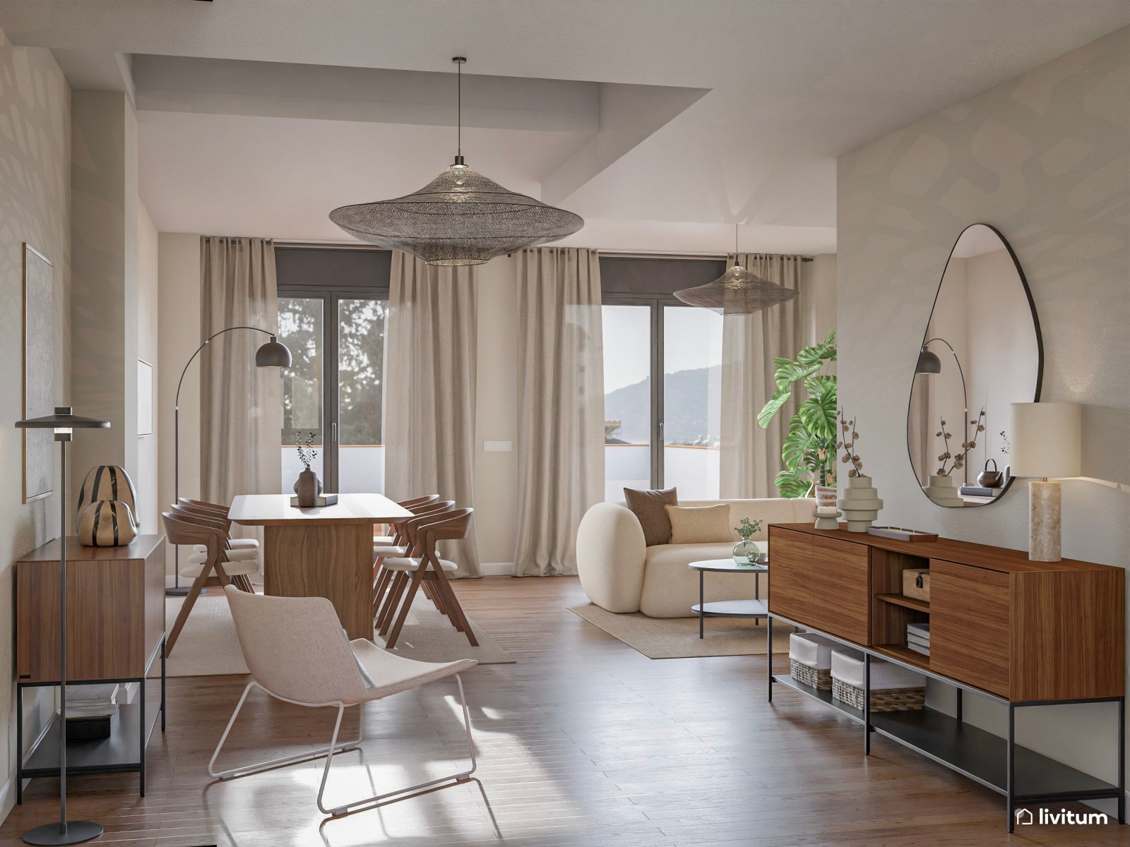 Amplio y luminoso salón comedor en blanco y madera con cocina semiabierta