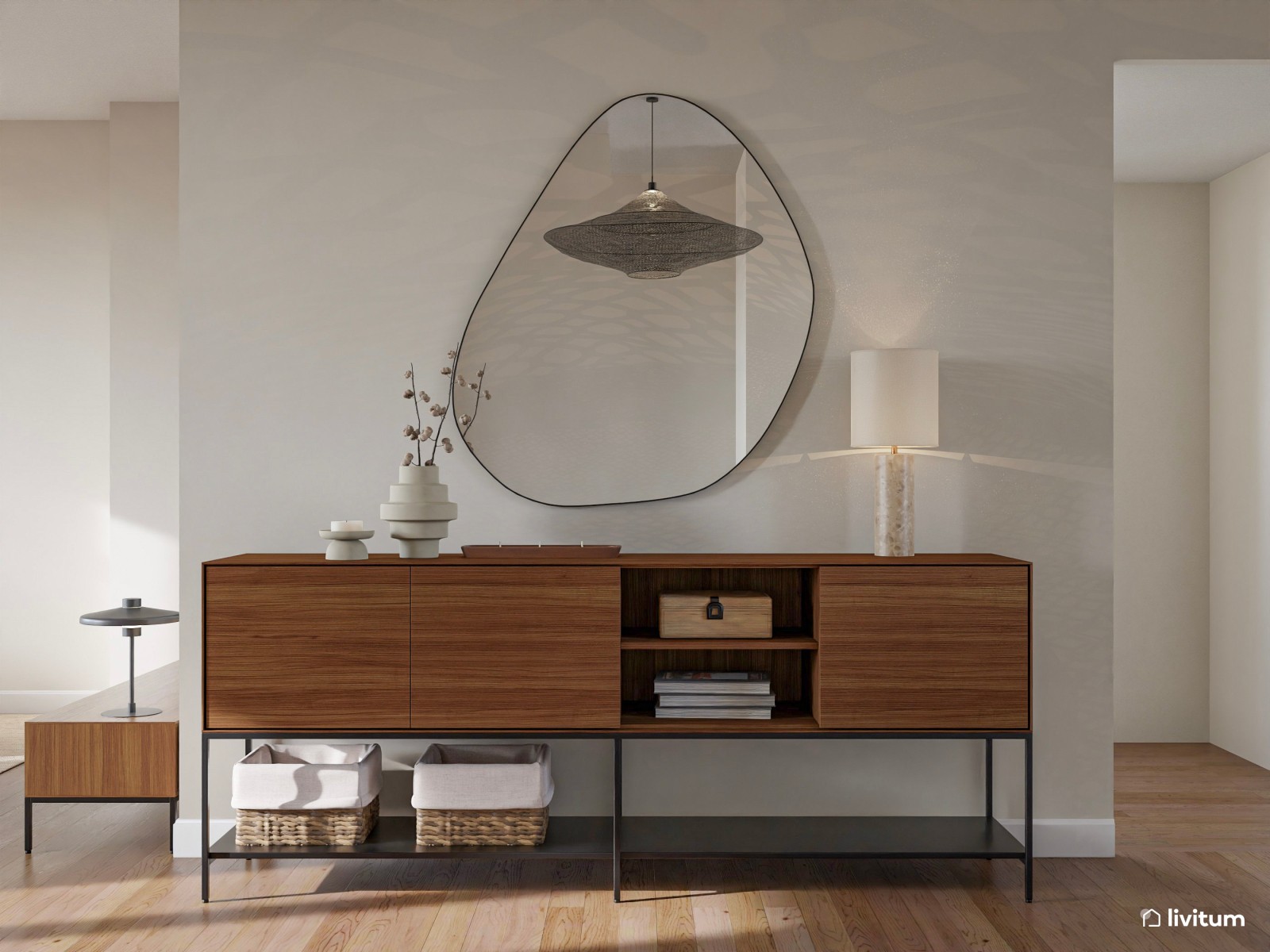 Amplio y luminoso salón comedor en blanco y madera con cocina semiabierta