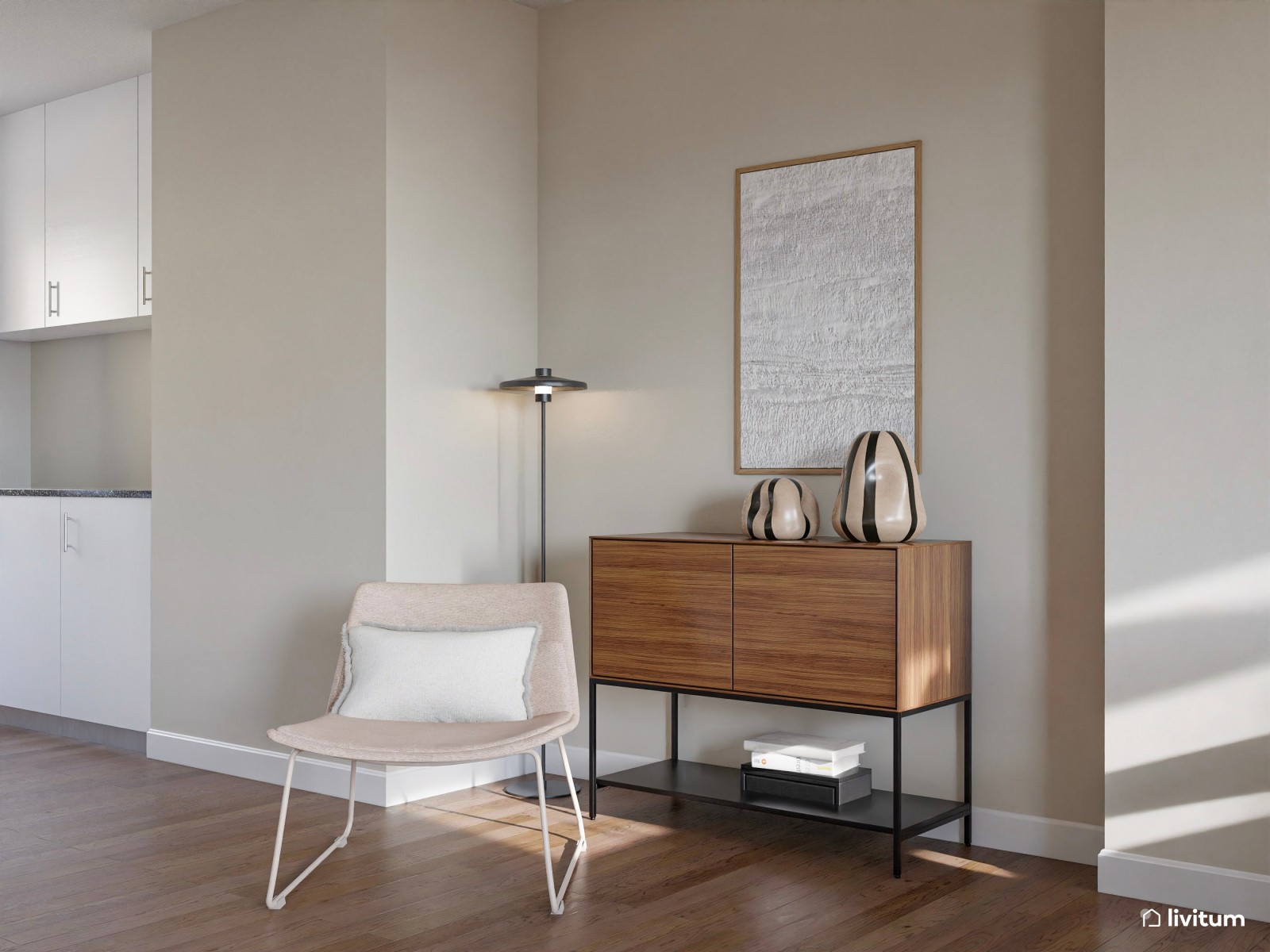 Amplio y luminoso salón comedor en blanco y madera con cocina semiabierta