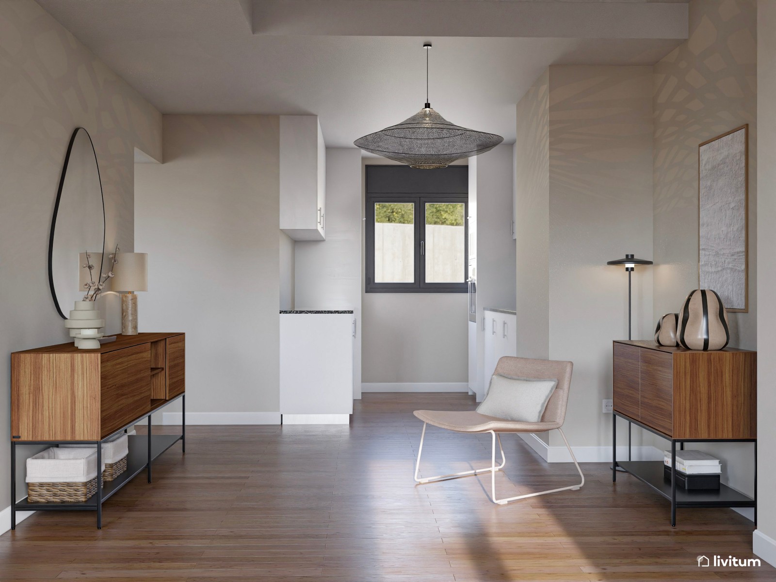 Amplio y luminoso salón comedor en blanco y madera con cocina semiabierta