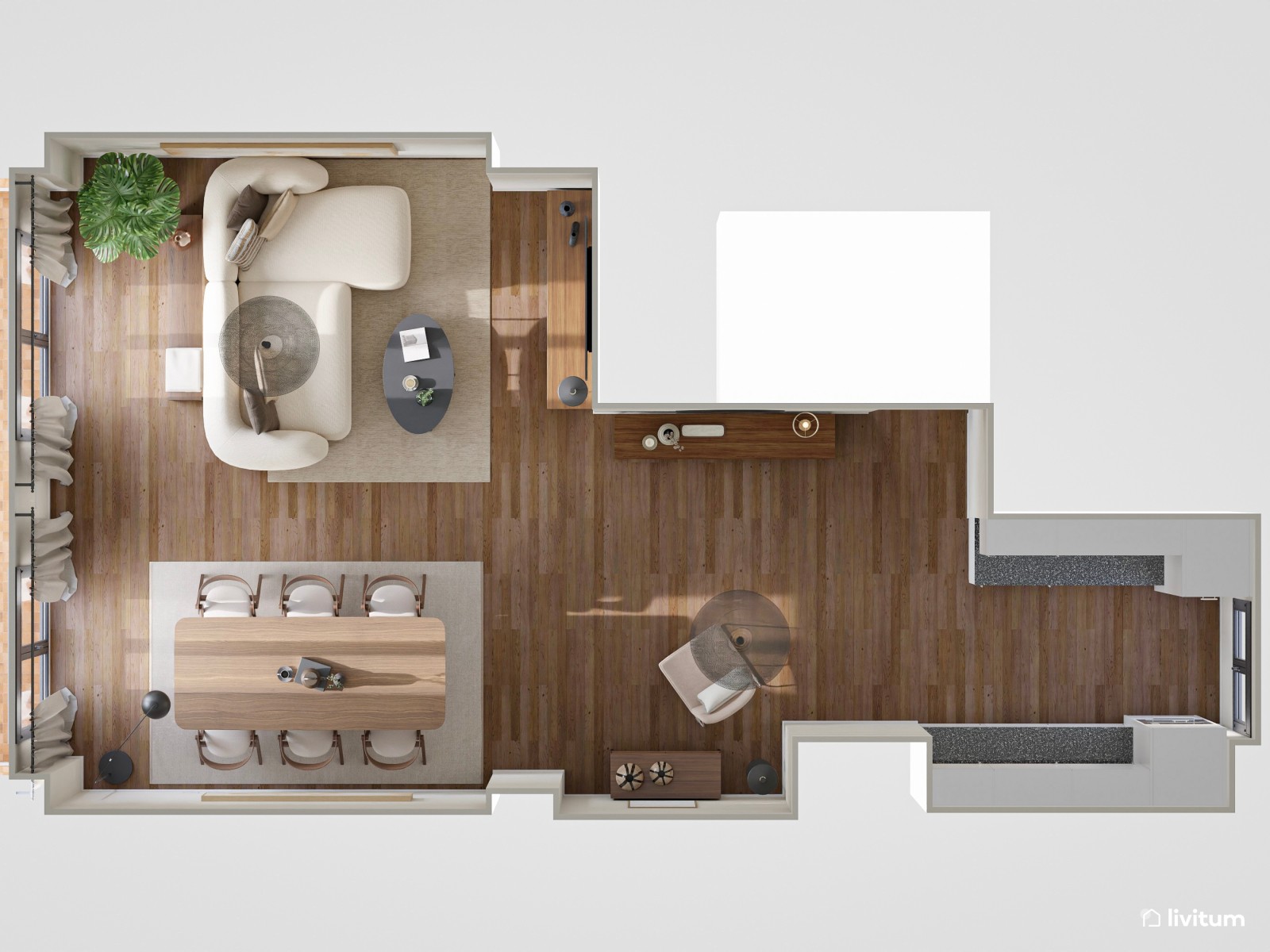 Amplio y luminoso salón comedor en blanco y madera con cocina semiabierta