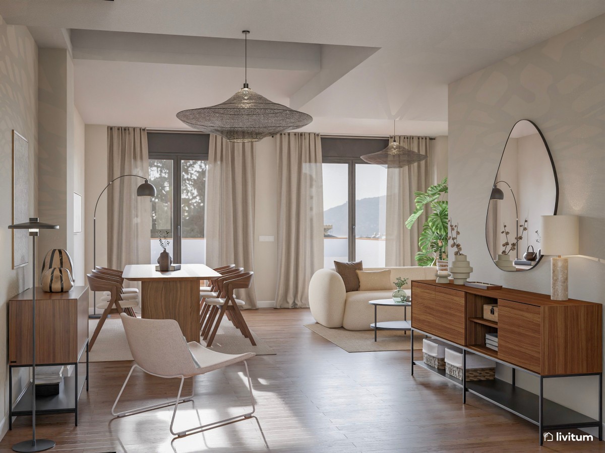 Amplio y luminoso salón comedor en blanco y madera con cocina semiabierta