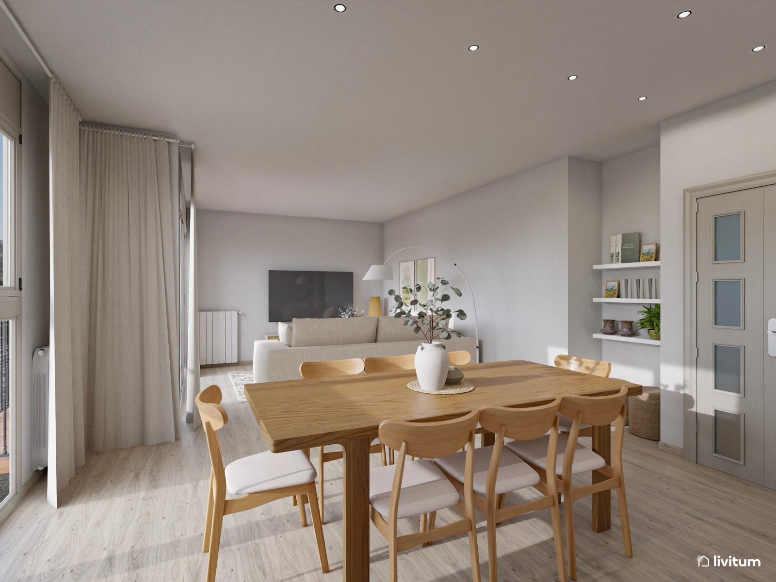 Amplio y luminoso salón decorado con materiales naturales y texturas suaves