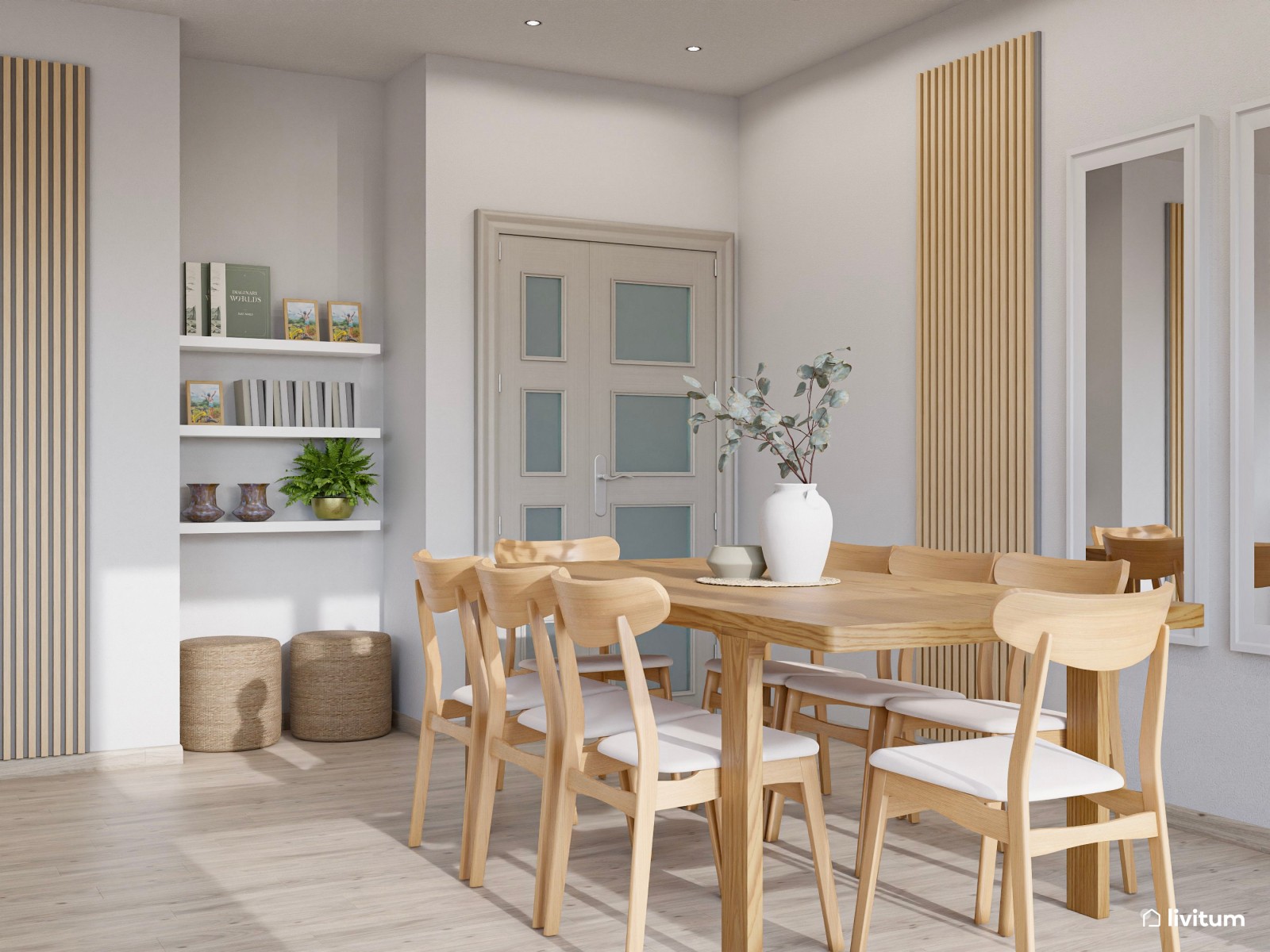 Amplio y luminoso salón decorado con materiales naturales y texturas suaves