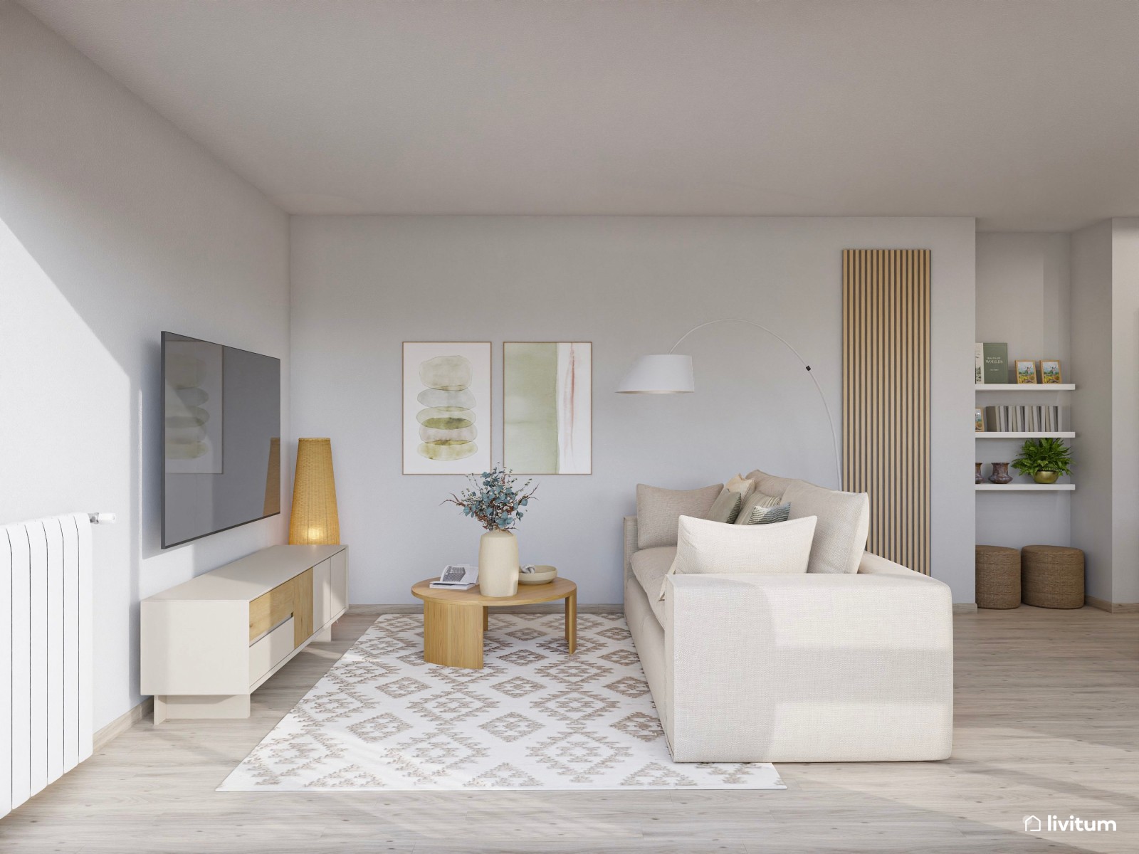 Amplio y luminoso salón decorado con materiales naturales y texturas suaves