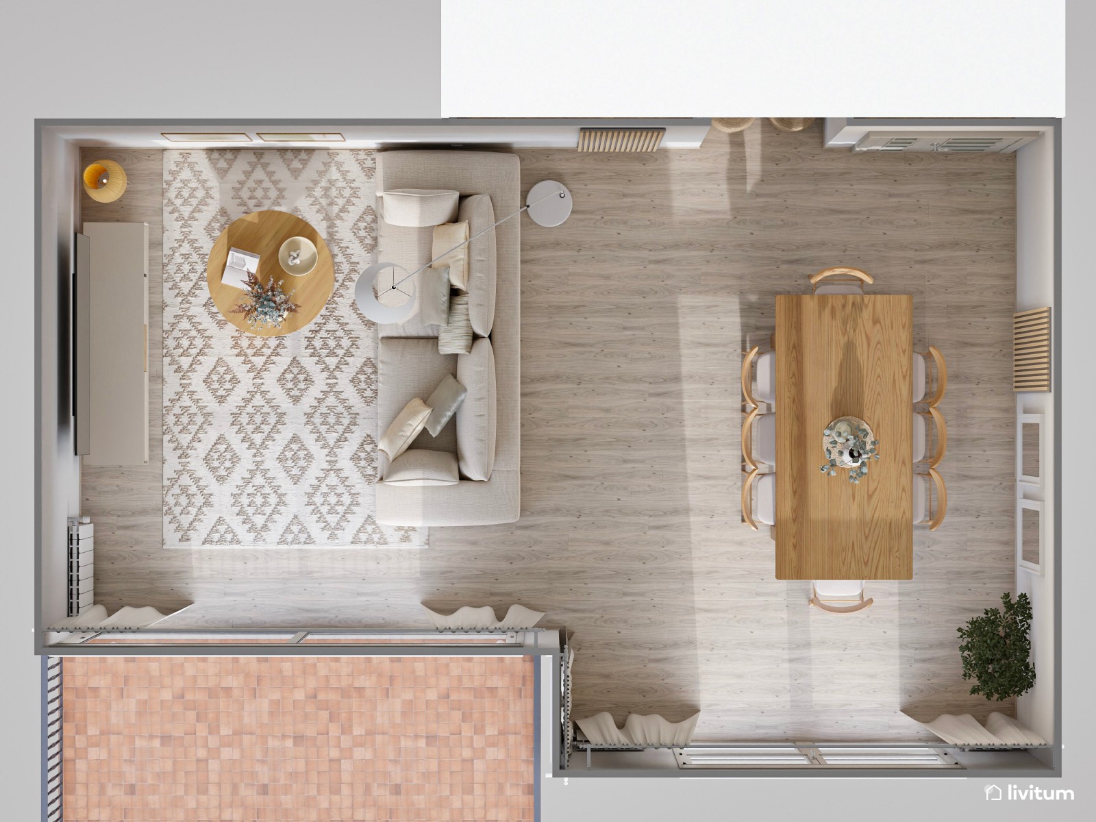 Amplio y luminoso salón decorado con materiales naturales y texturas suaves