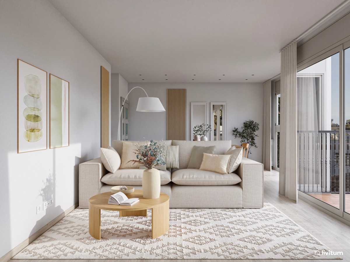 Amplio y luminoso salón decorado con materiales naturales y texturas suaves