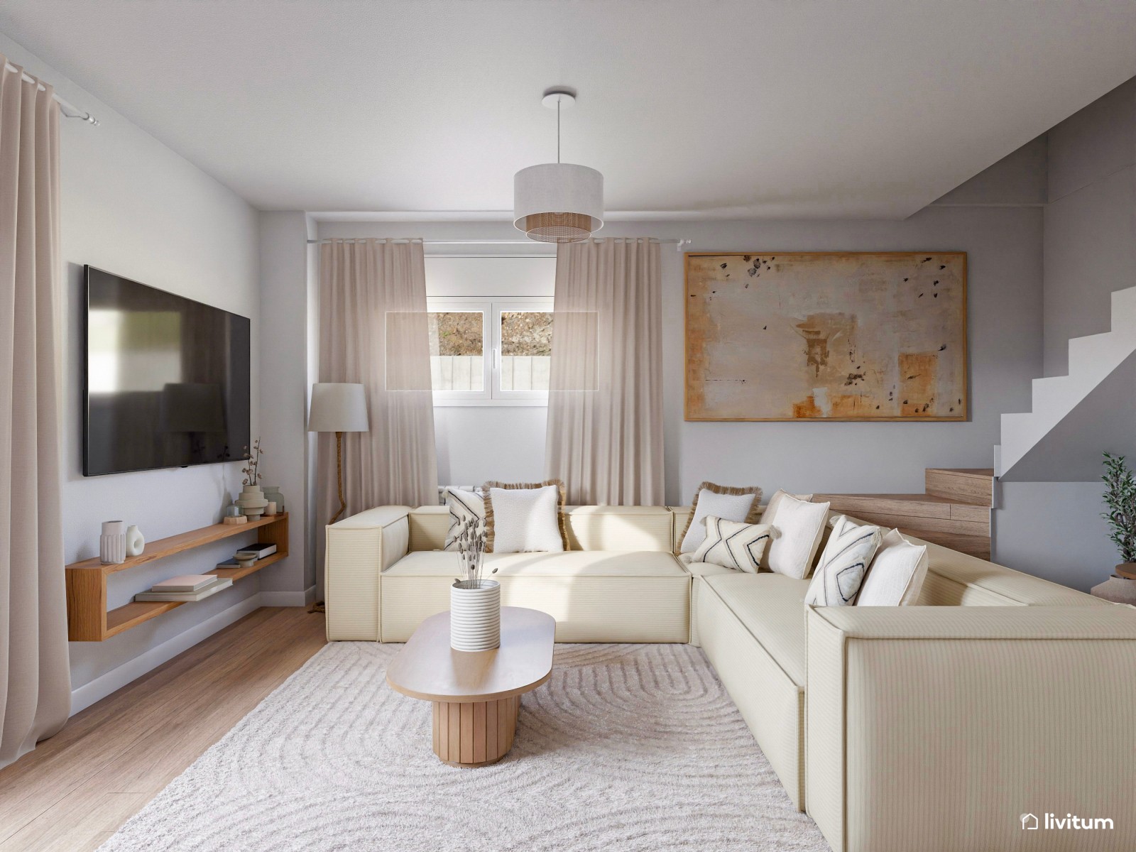 Amplio y luminoso salón en tonalidades de blanco y texturas acogedoras