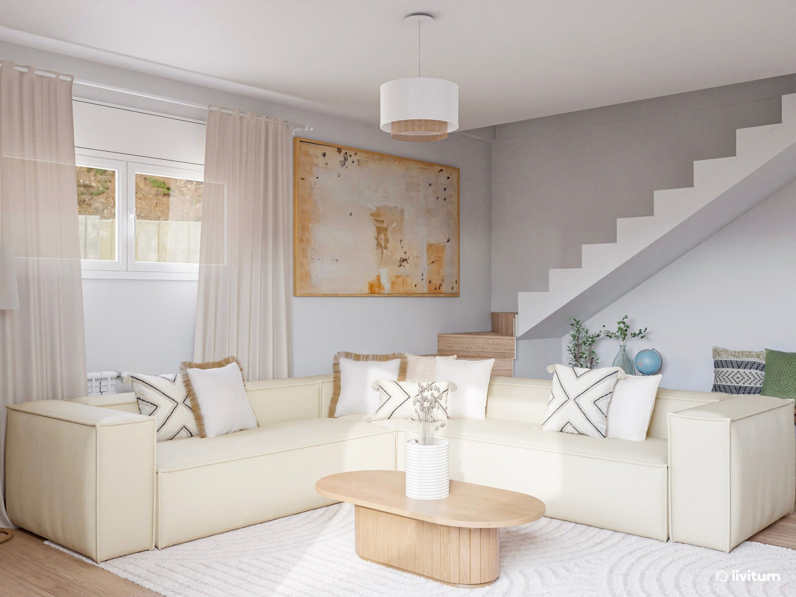 Amplio y luminoso salón en tonalidades de blanco y texturas acogedoras