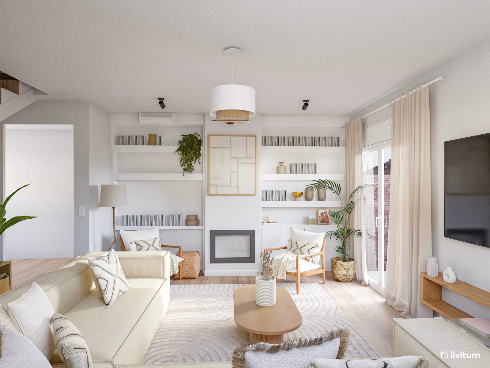 Amplio y luminoso salón en tonalidades de blanco y texturas acogedoras