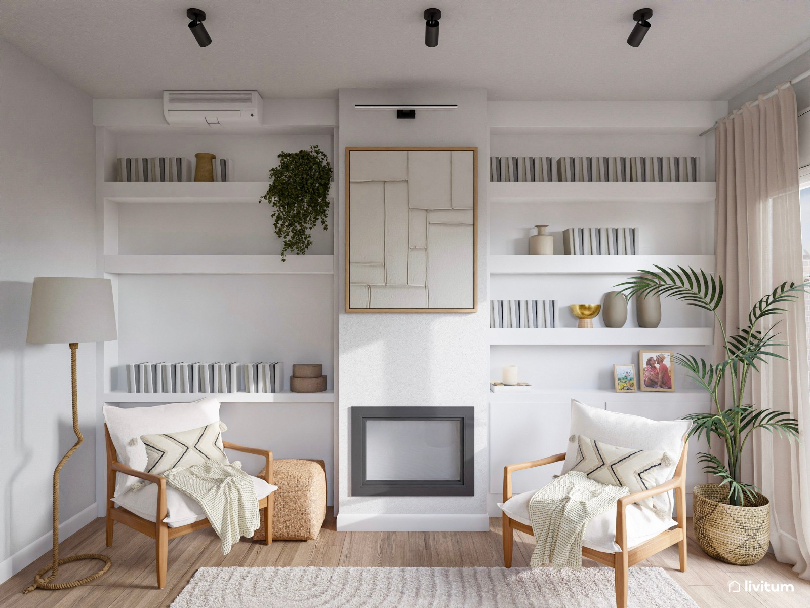 Amplio y luminoso salón en tonalidades de blanco y texturas acogedoras