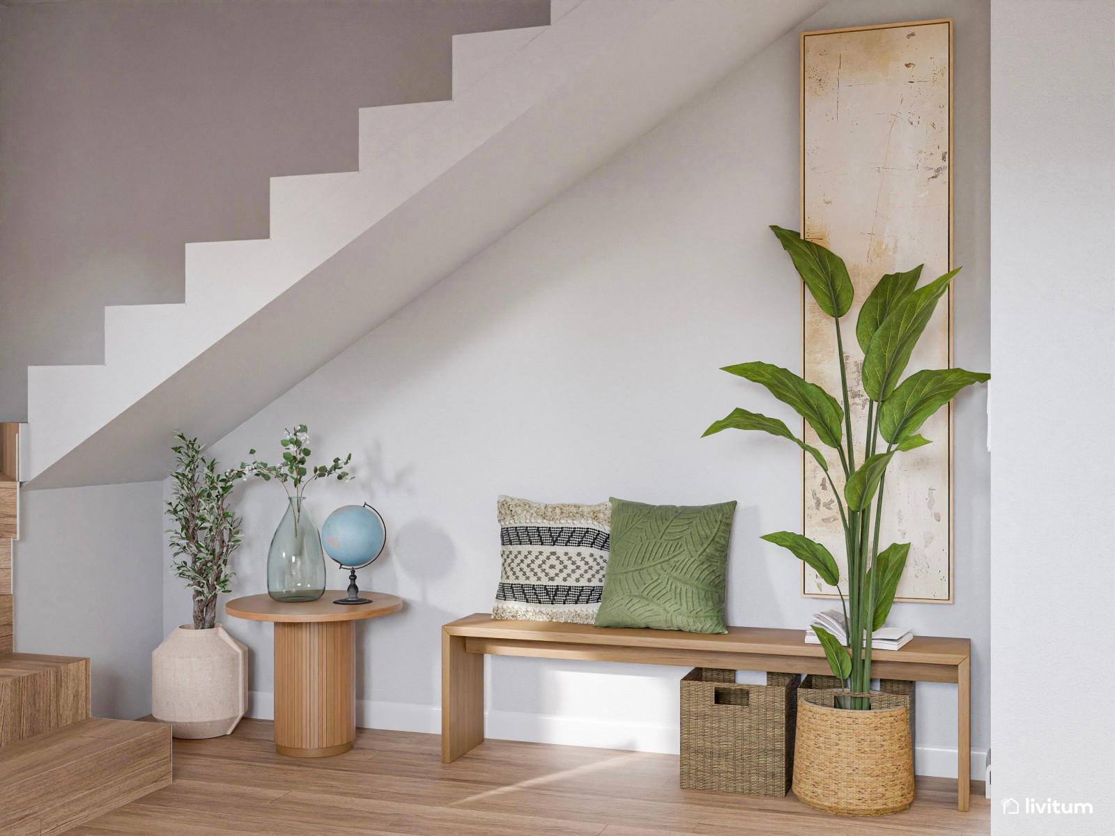 Amplio y luminoso salón en tonalidades de blanco y texturas acogedoras