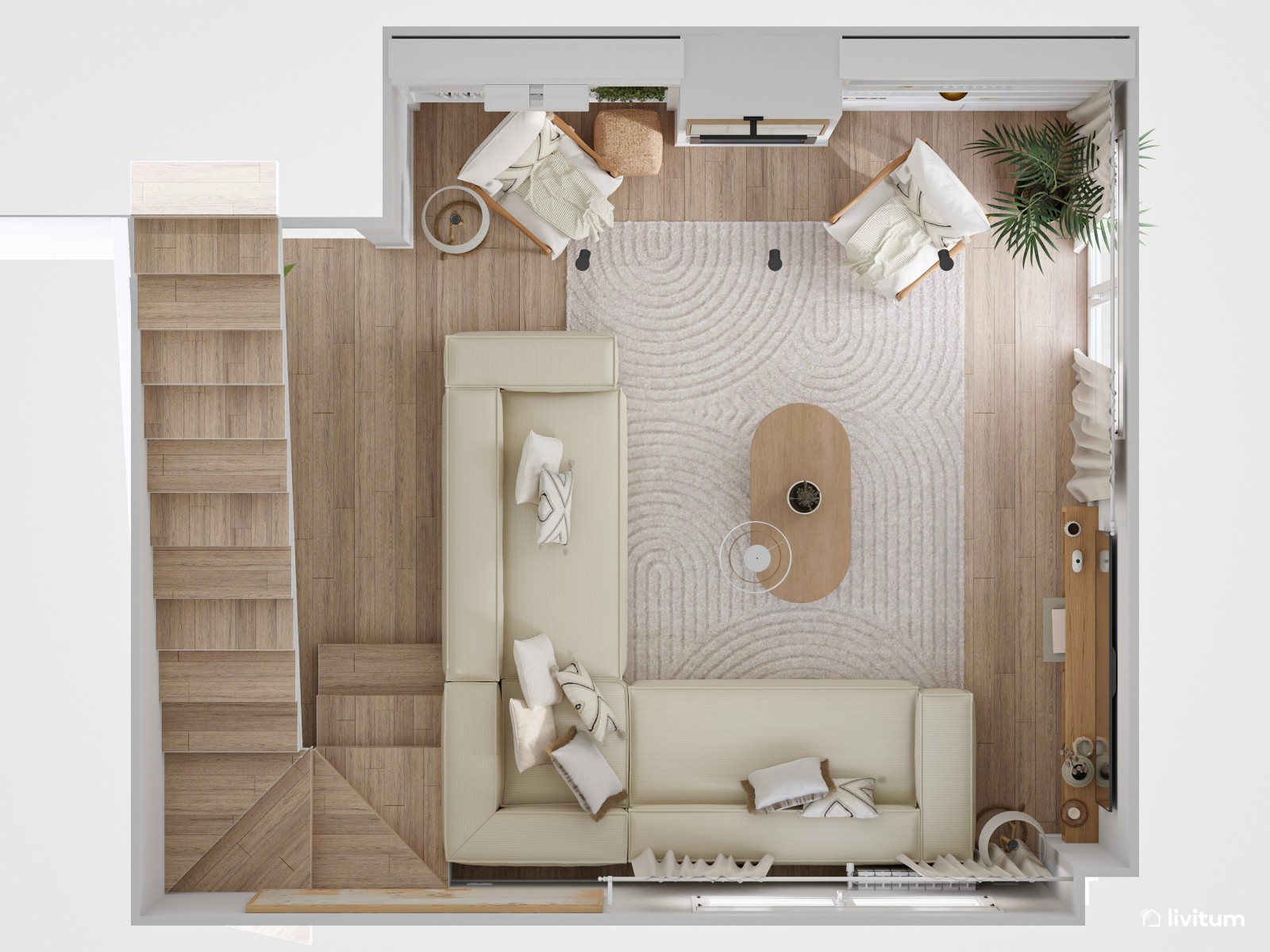 Amplio y luminoso salón en tonalidades de blanco y texturas acogedoras