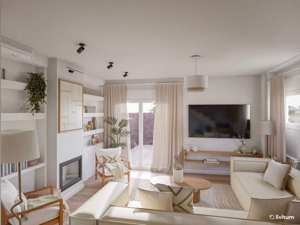 Amplio y luminoso salón en tonalidades de blanco y texturas acogedoras