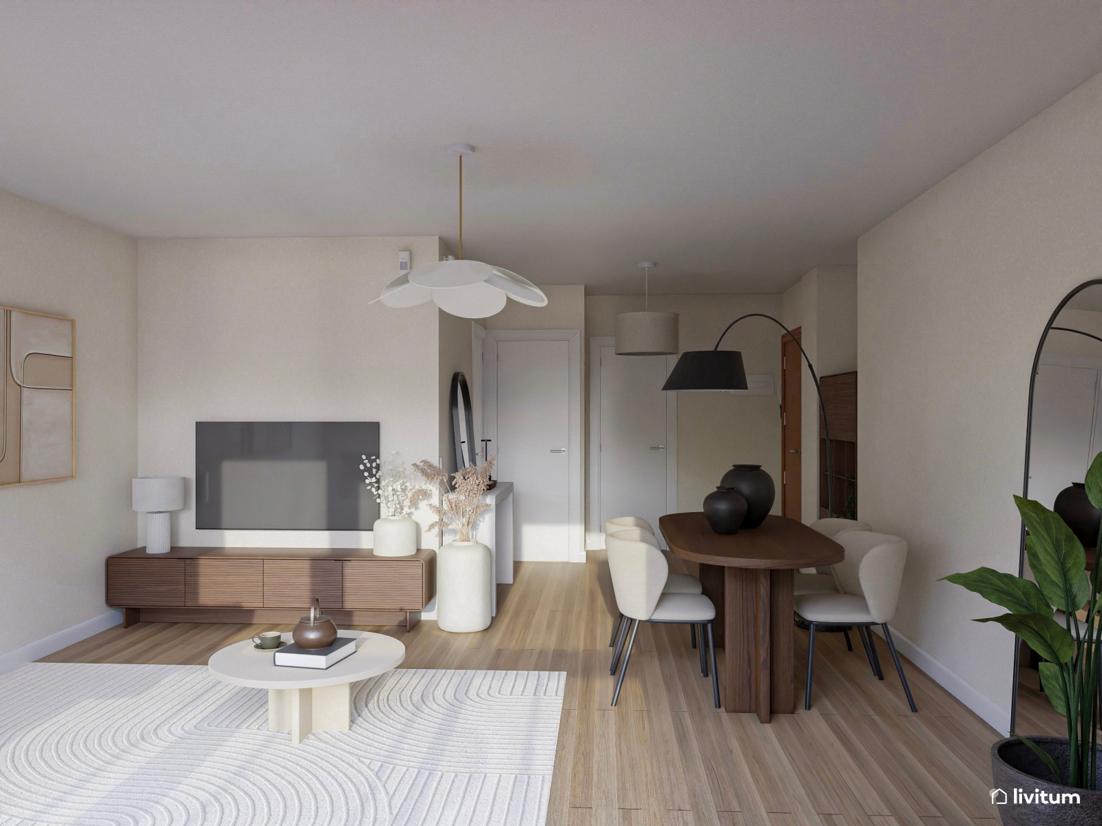 Amplio y moderno salón comedor en tonos tierra y madera de nogal