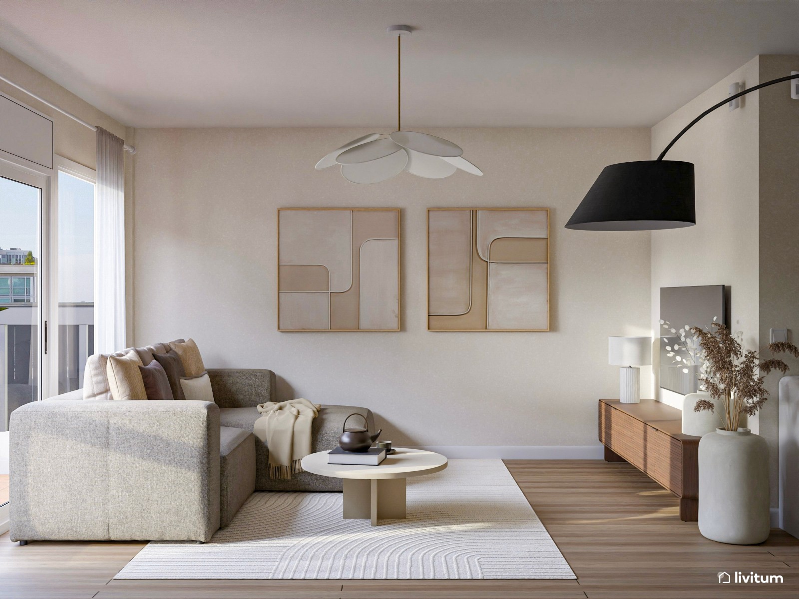 Amplio y moderno salón comedor en tonos tierra y madera de nogal