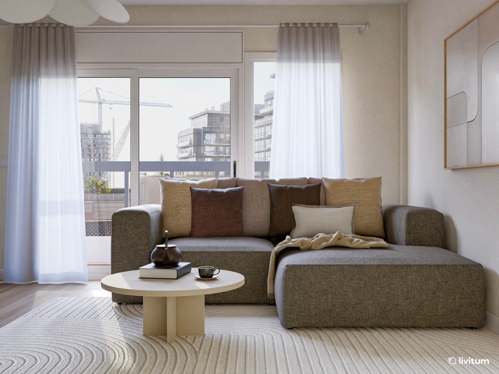 Amplio y moderno salón comedor en tonos tierra y madera de nogal