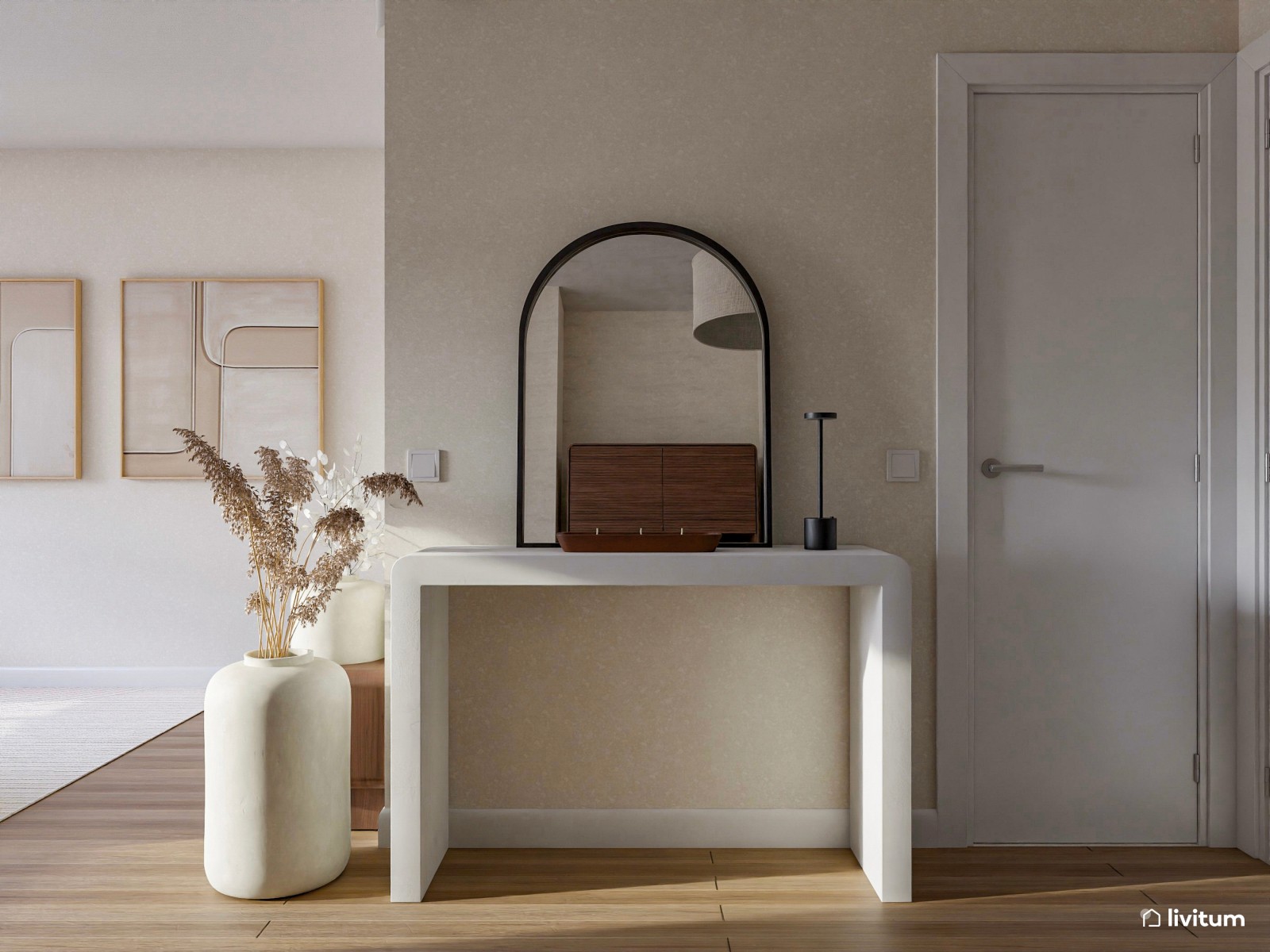 Amplio y moderno salón comedor en tonos tierra y madera de nogal