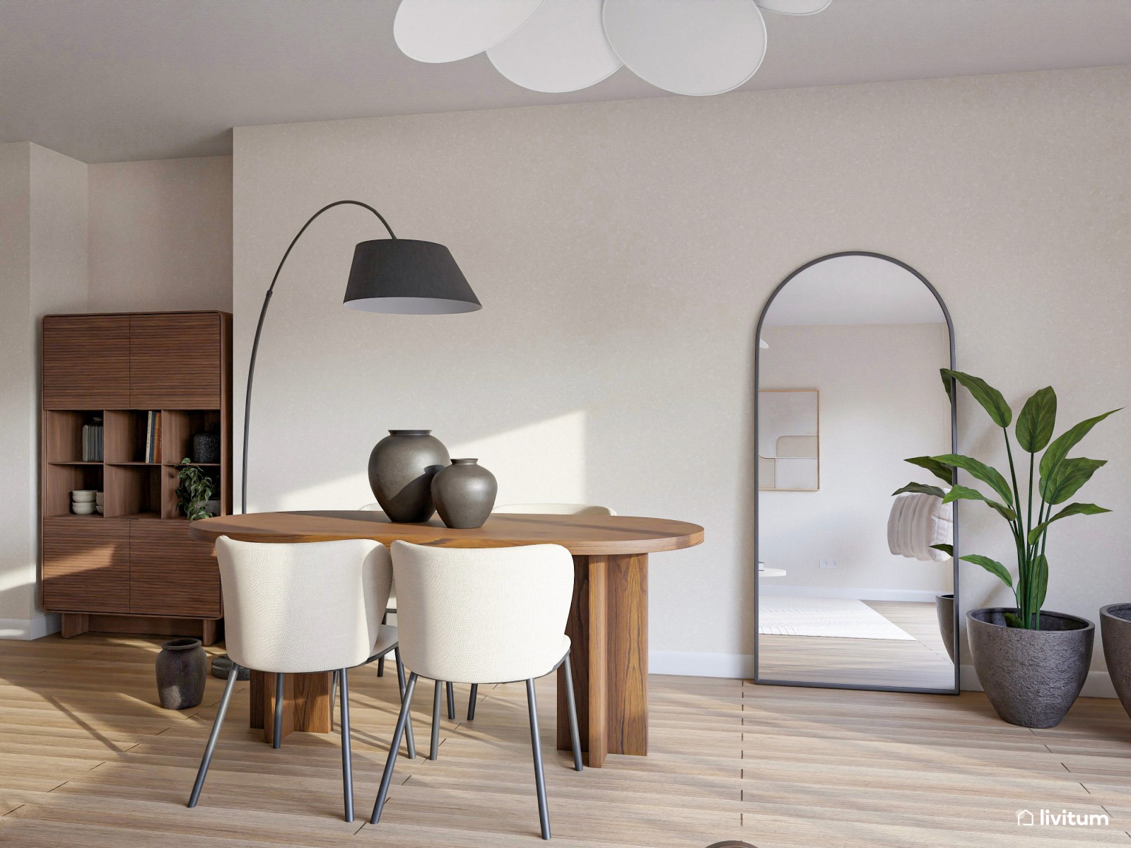 Amplio y moderno salón comedor en tonos tierra y madera de nogal