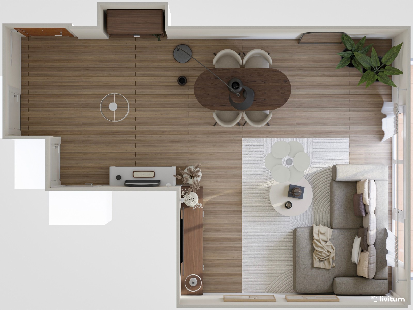 Amplio y moderno salón comedor en tonos tierra y madera de nogal