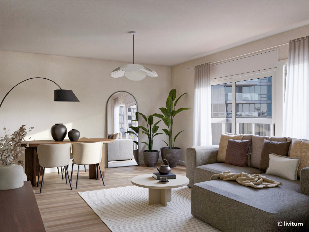 Amplio y moderno salón comedor en tonos tierra y madera de nogal