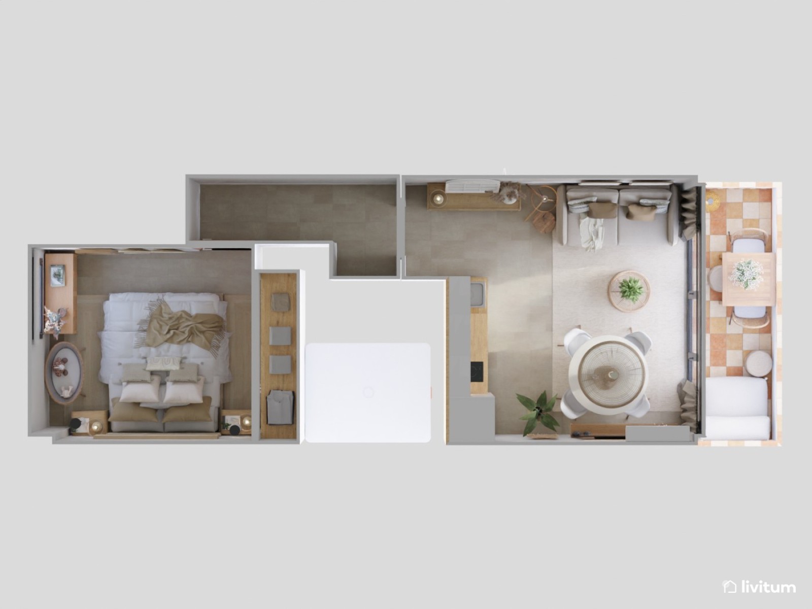 Apartamento de 28 m² con salón comedor, cocina, dormitorio y terraza
