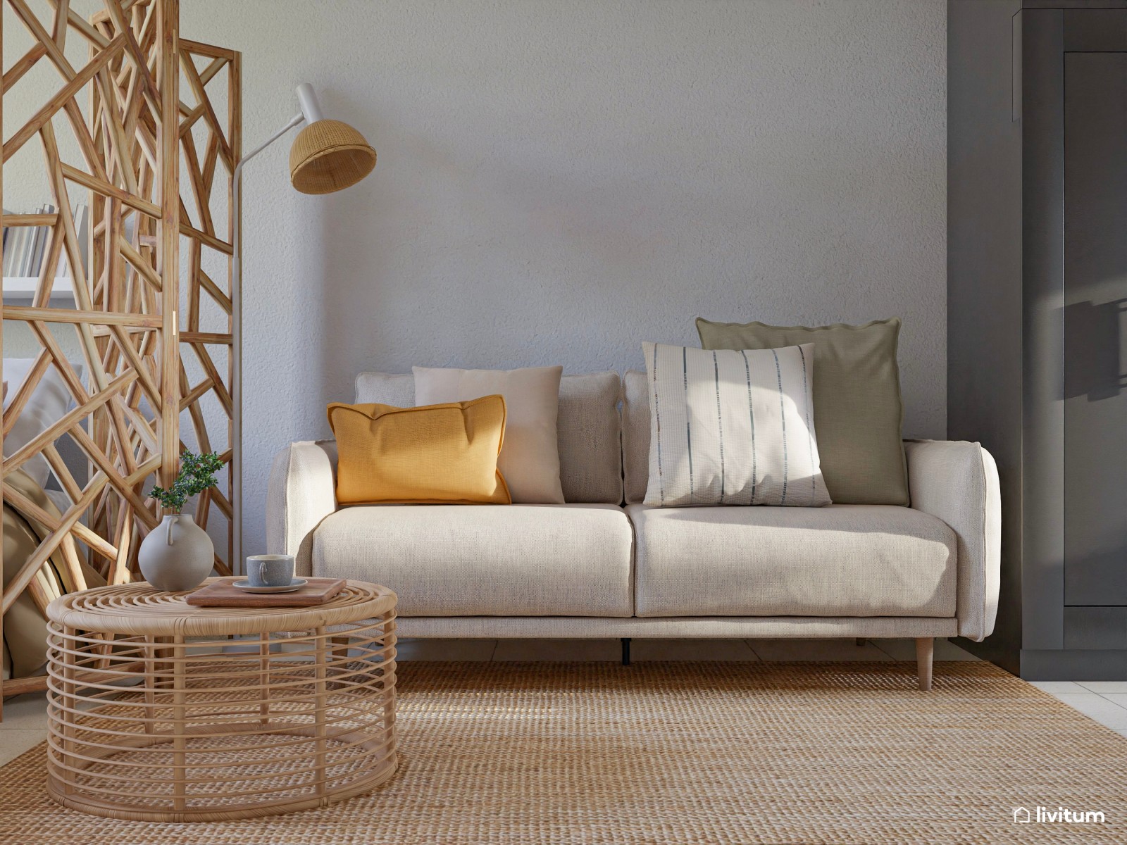 Apartamento en fibras naturales, tonos suaves y muebles de líneas limpias