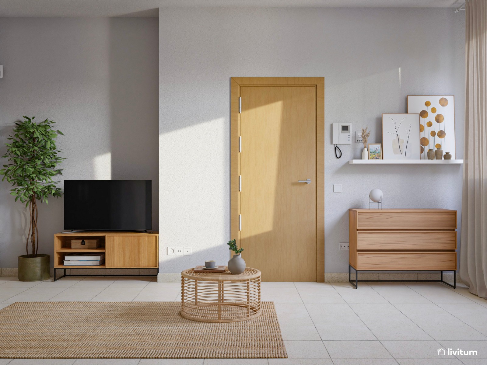 Apartamento en fibras naturales, tonos suaves y muebles de líneas limpias