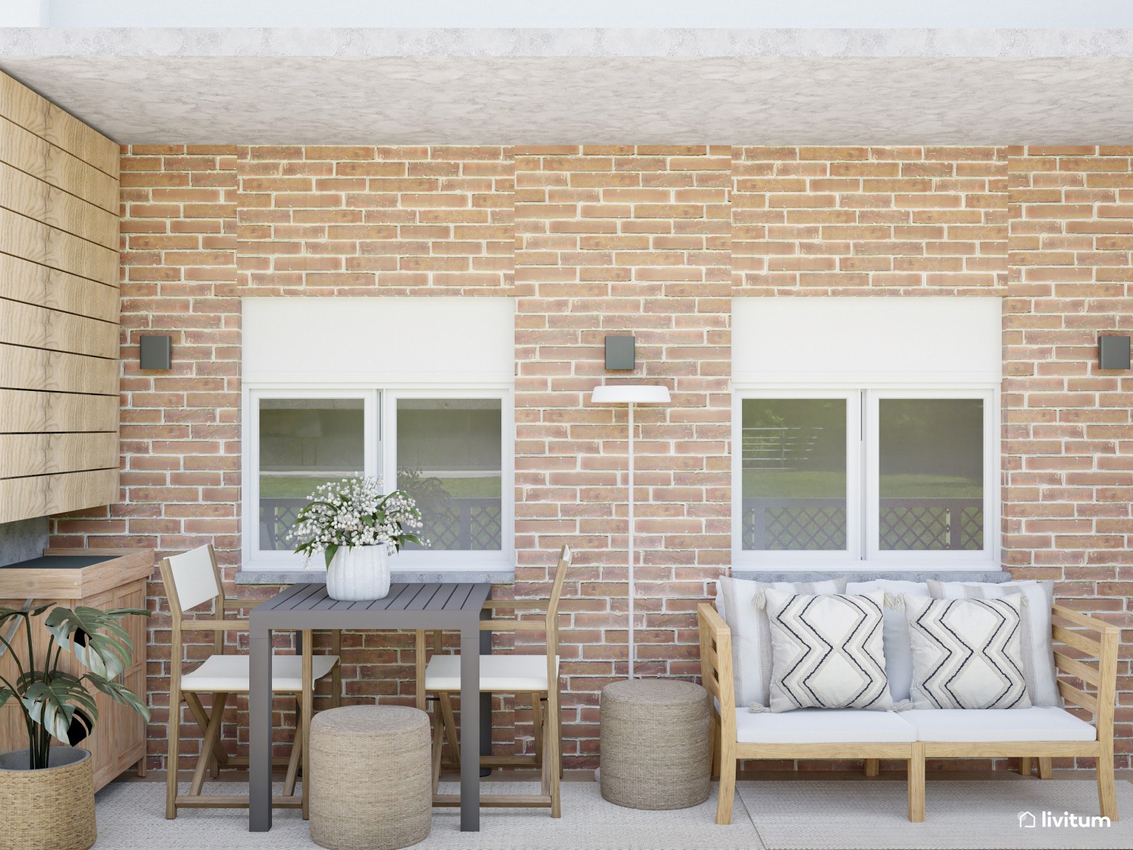 Balcón bohemio con sofá modular y comedor exterior en solo 9,5 m²