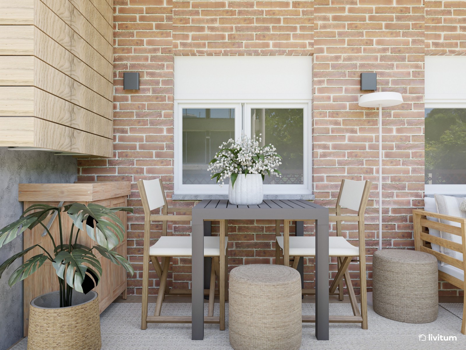 Balcón bohemio con sofá modular y comedor exterior en solo 9,5 m²