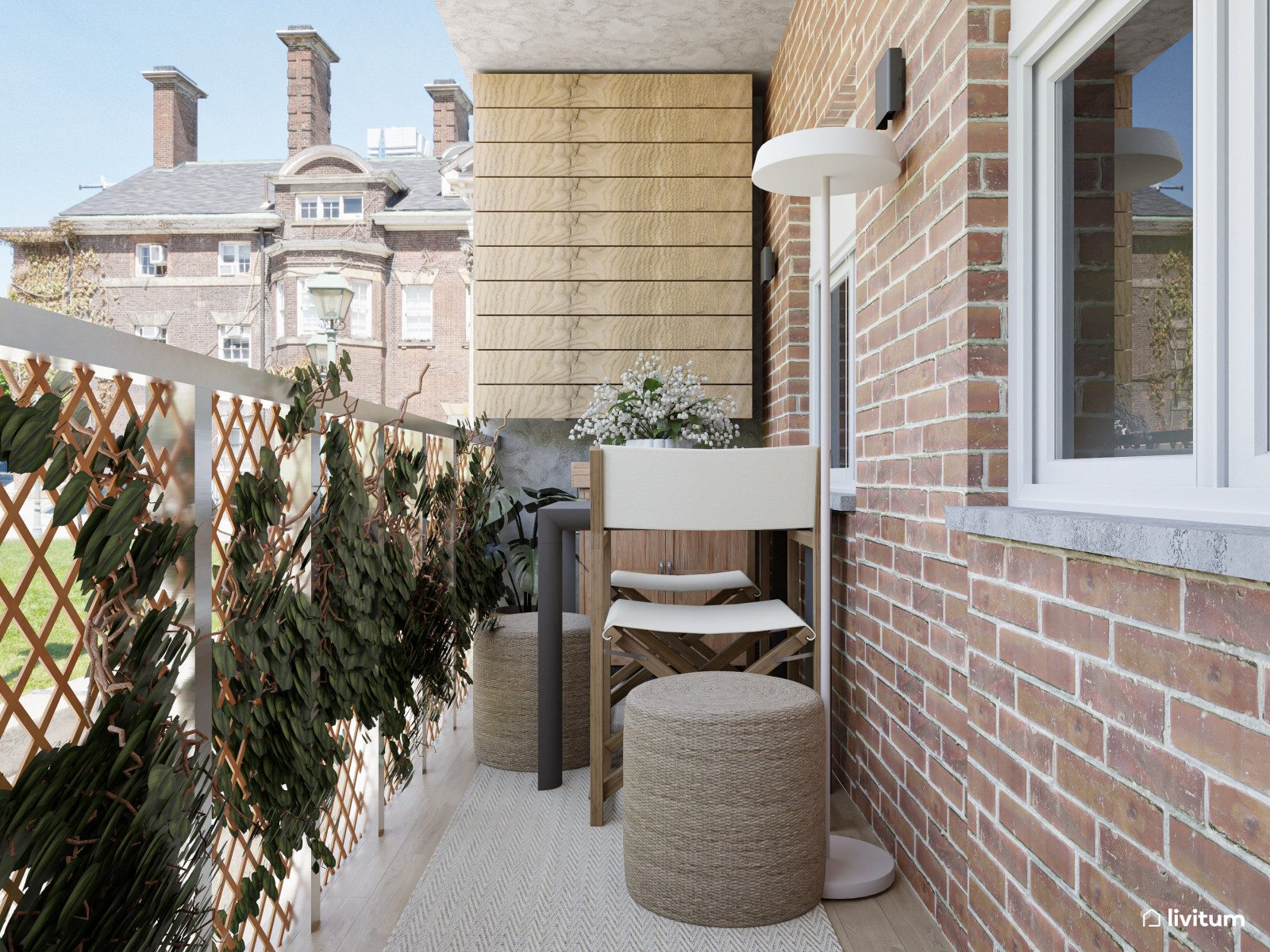 Balcón bohemio con sofá modular y comedor exterior en solo 9,5 m²