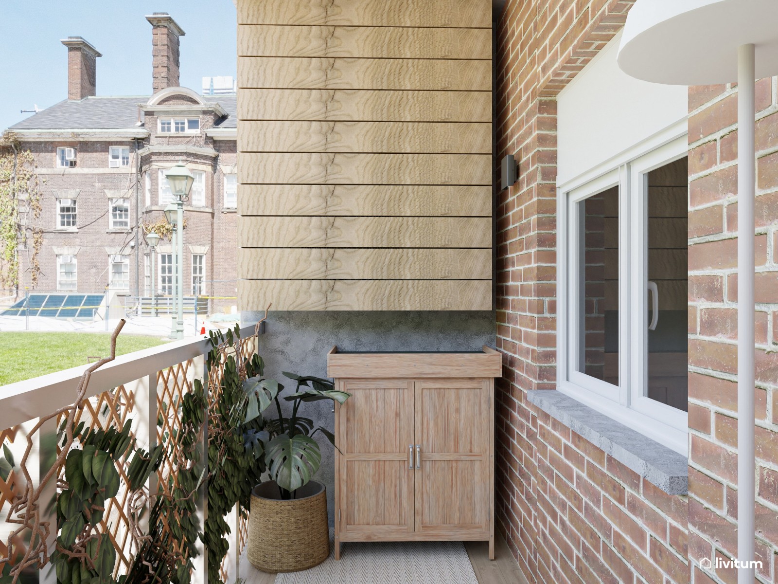 Balcón bohemio con sofá modular y comedor exterior en solo 9,5 m²