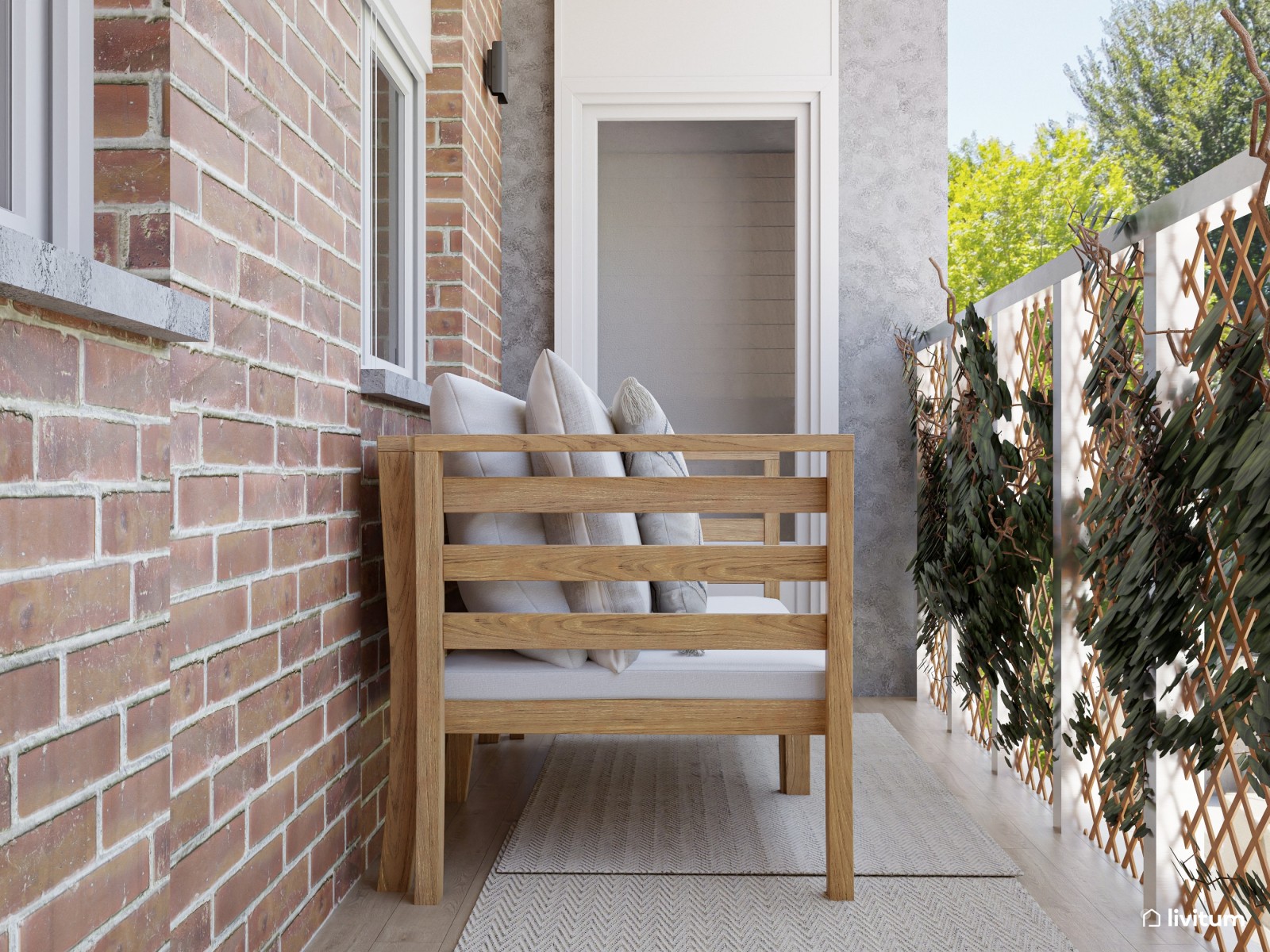 Balcón bohemio con sofá modular y comedor exterior en solo 9,5 m²