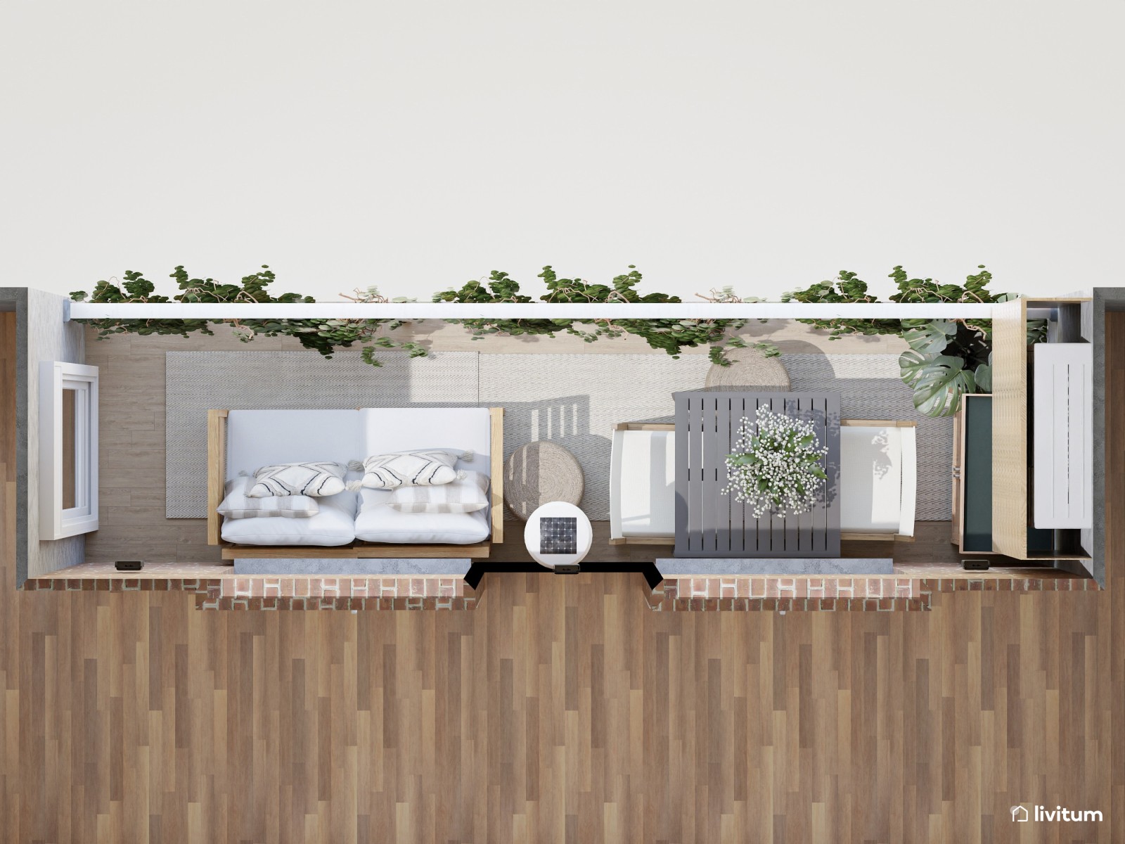 Balcón bohemio con sofá modular y comedor exterior en solo 9,5 m²