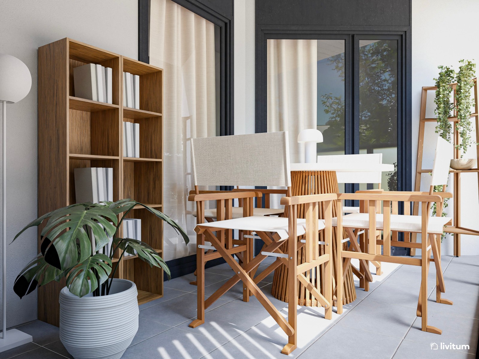 Balcón de planta irregular con comedor exterior de madera
