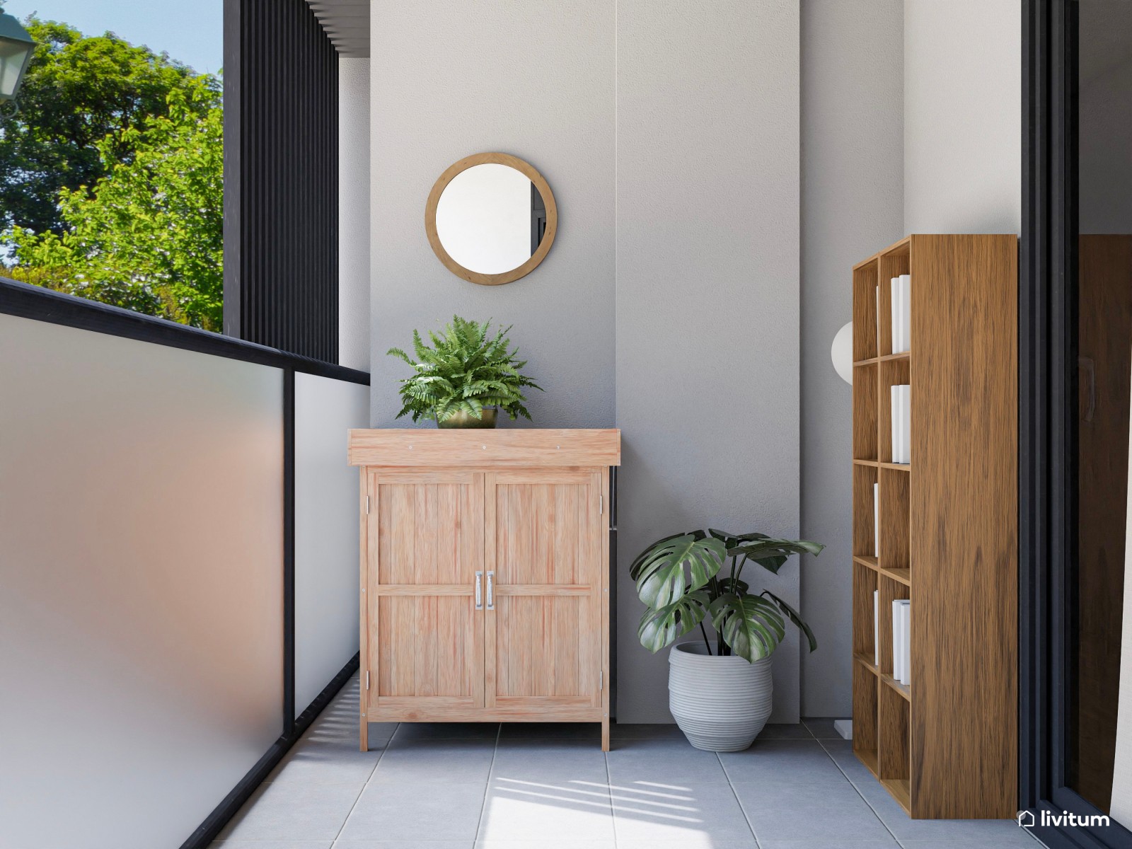 Balcón de planta irregular con comedor exterior de madera