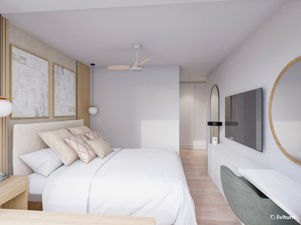 dormitorio con listones de madera, cama de matrimonio y tocador con espejo redondo