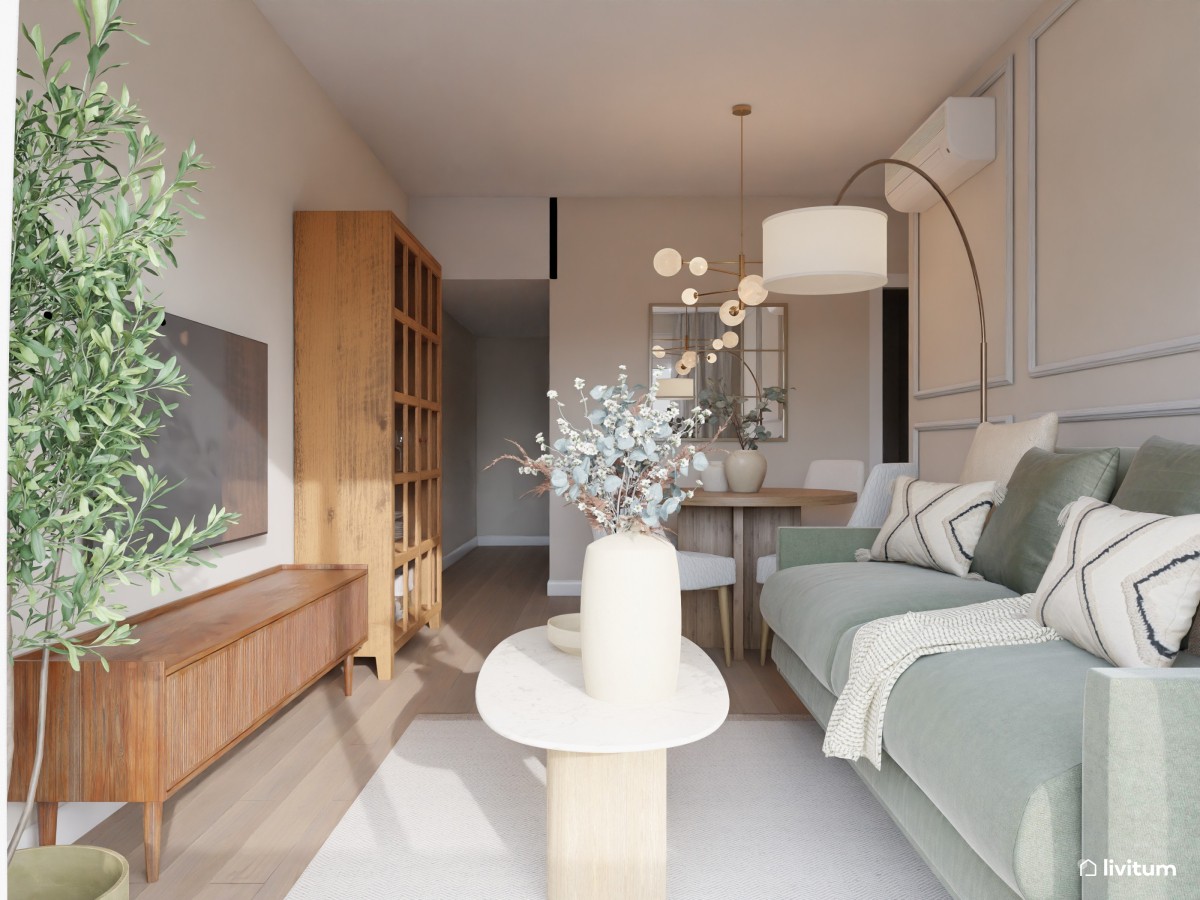 salón comedor en tonos neutros, sofá, mesa de centro, mesa de comedor, y mueble de TV