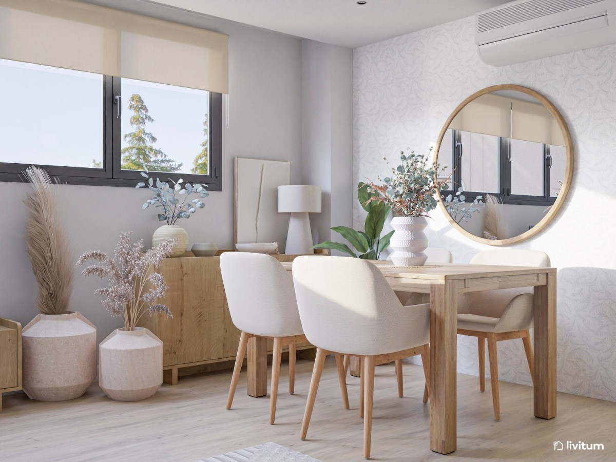 comedor en tonos madera, mesa de comedor con sillas blancas y espejo circular