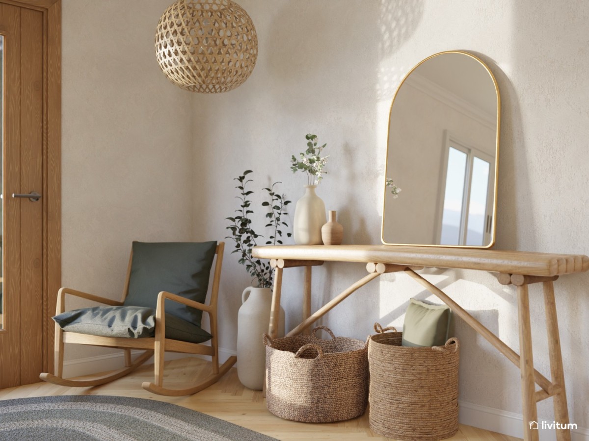 recibidor peque&ntilde;o en tonos neutros y madera, mueble de entrada y espejo