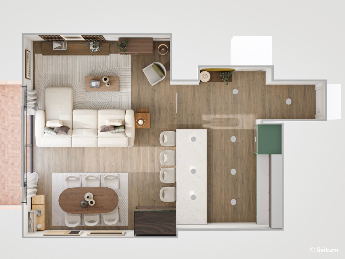plano de sal&oacute;n comedor con cocina integrada, sof&aacute; en L y mesa de comedor ovalada