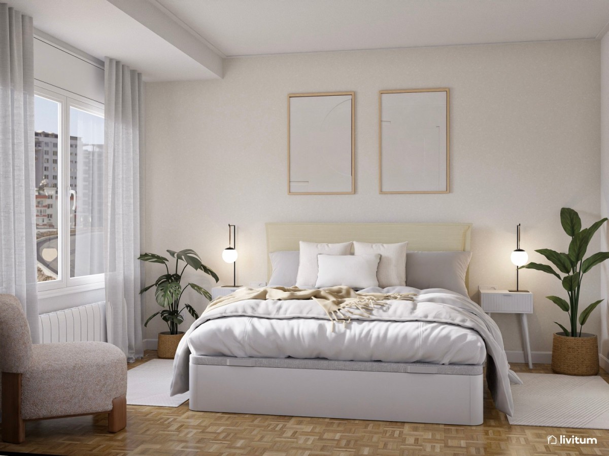 dormitorio en tonos neutros, cama de matrimonio y sill&oacute;n