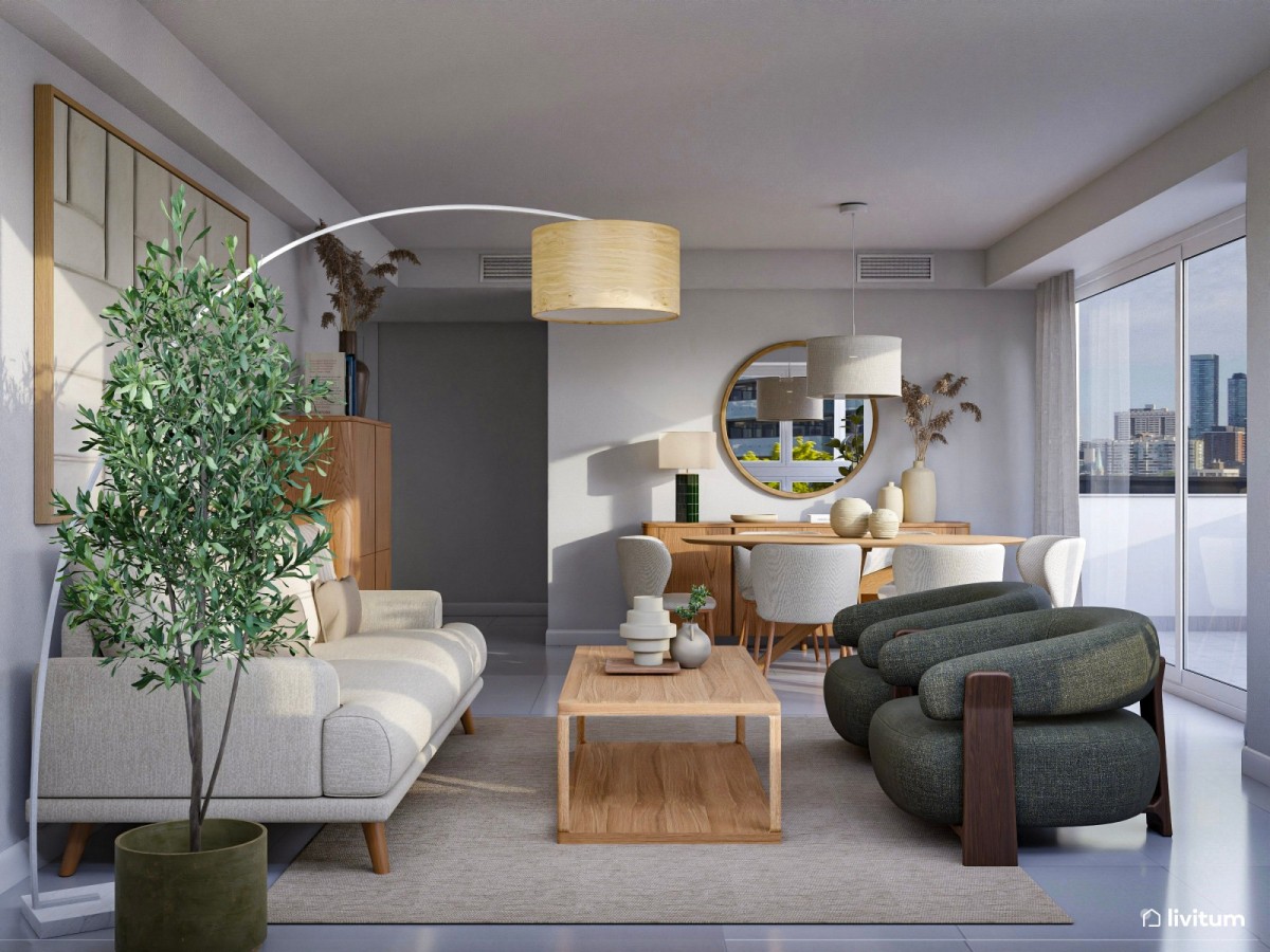 sal&oacute;n comedor en tonos madera, sof&aacute; claro y sillones en verde
