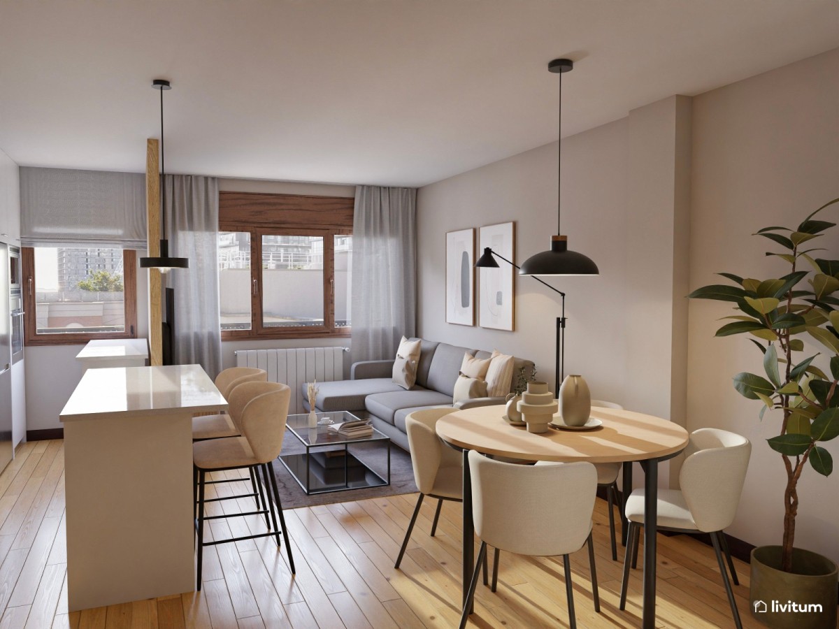 sal&oacute;n comedor con cocina integrada, sof&aacute; en l y mesa de comedor circular